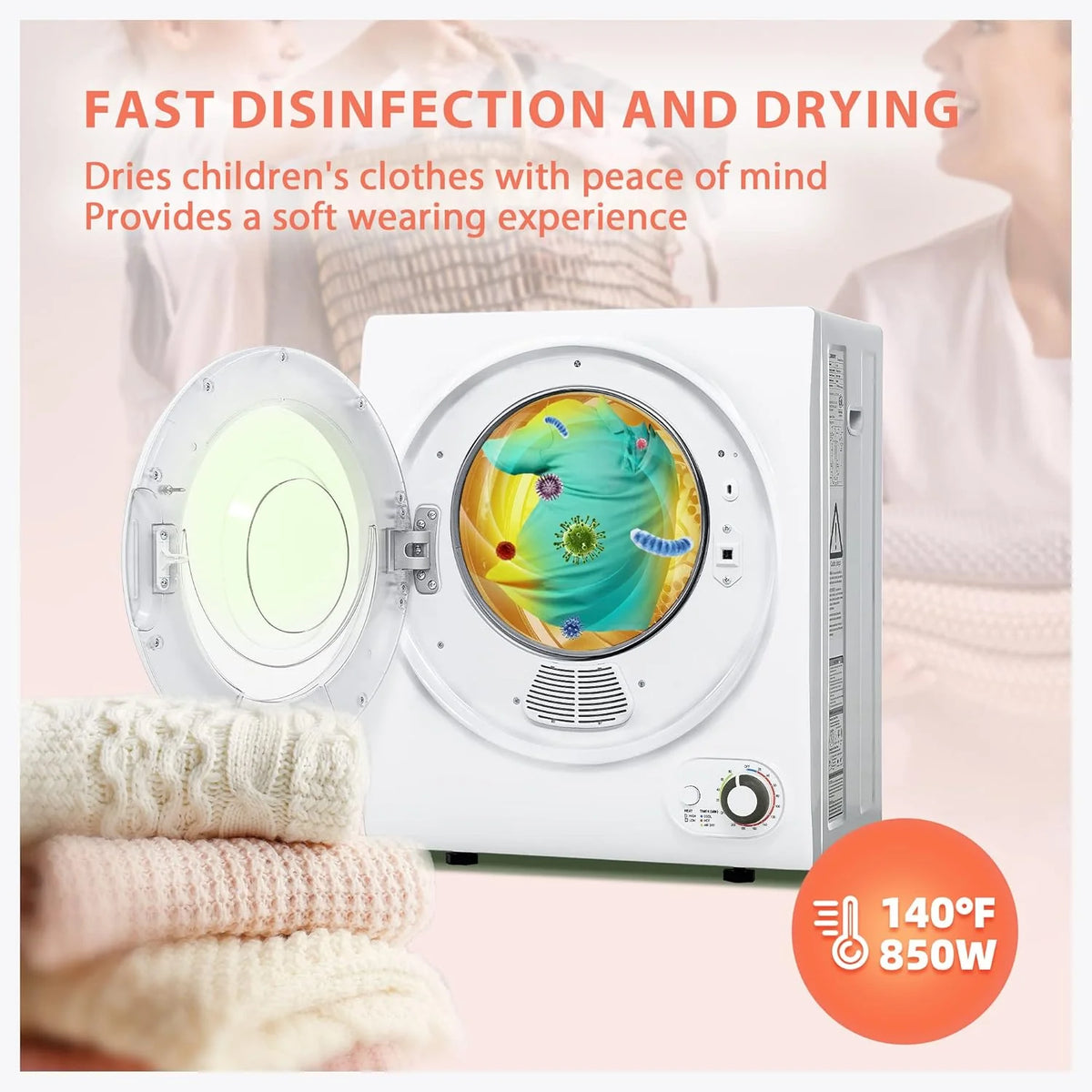 Compact Laundry Dryer, 3.5 cu ft Front Load Stainless Steel Clothes Dryers With Exhaust Pipe, 1500W, LCD Control Panel Four-Function Portable Dryer For Apartments, Home, Dorm, White