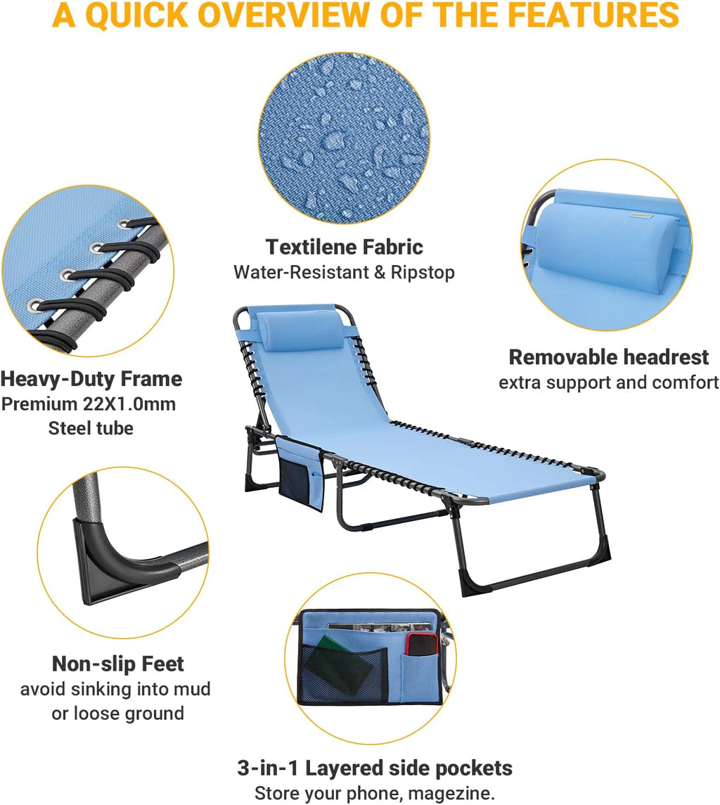2 Pack Outdoor Chaise Lounge Chair - Portable Folding Patio Pool Lounge Chair, 5 Positions Adjustable Reclining Camping Chair with Side Table,Shoulder Strap, Pillow for Beach Sunbathing Lawn