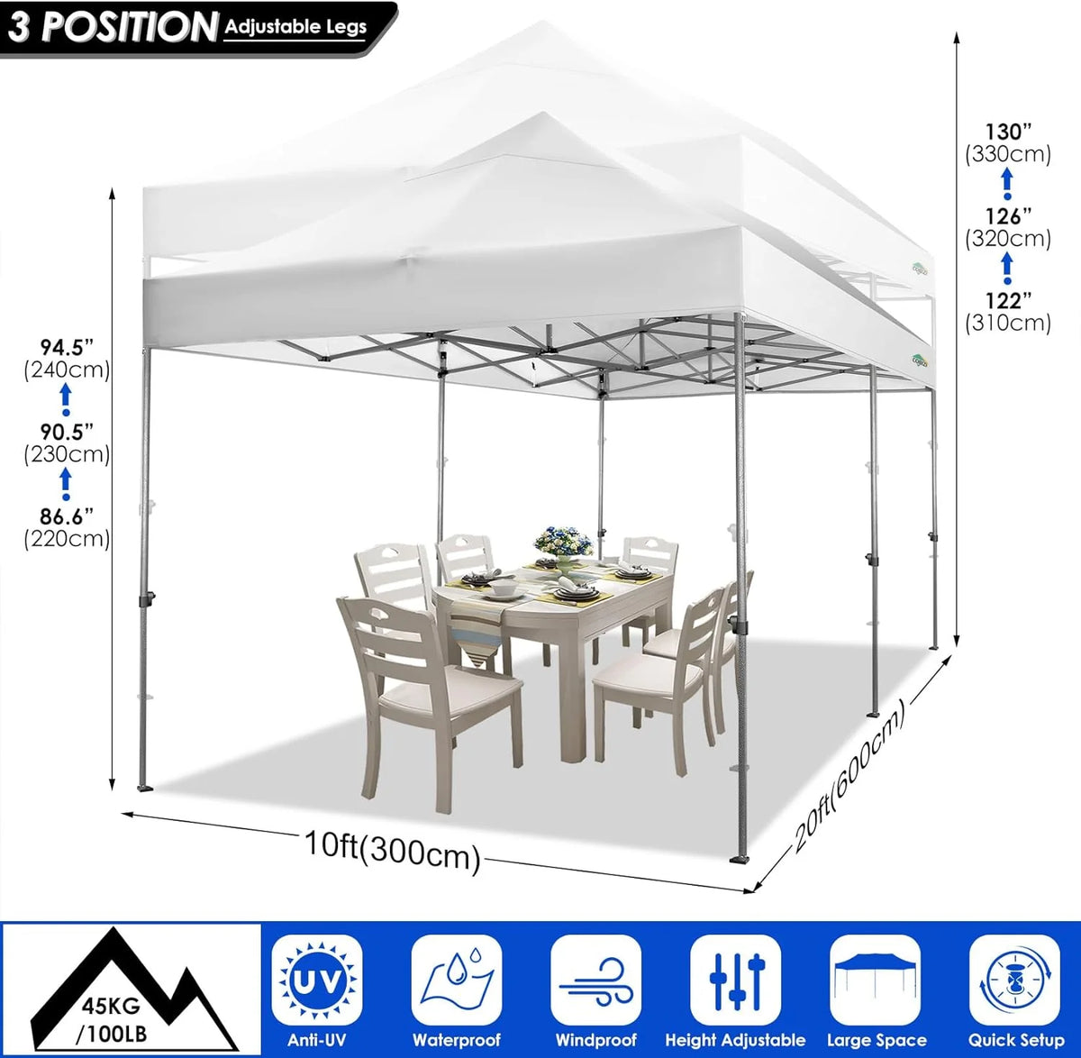COBIZI 10x20 Heavy Duty Pop up Canopy Tent with 6 sidewalls Easy Up Commercial Outdoor Canopy Wedding Party Tents for Parties All Season Wind & Waterproof Gazebo with Roller Bag,Black(Frame Thickened)