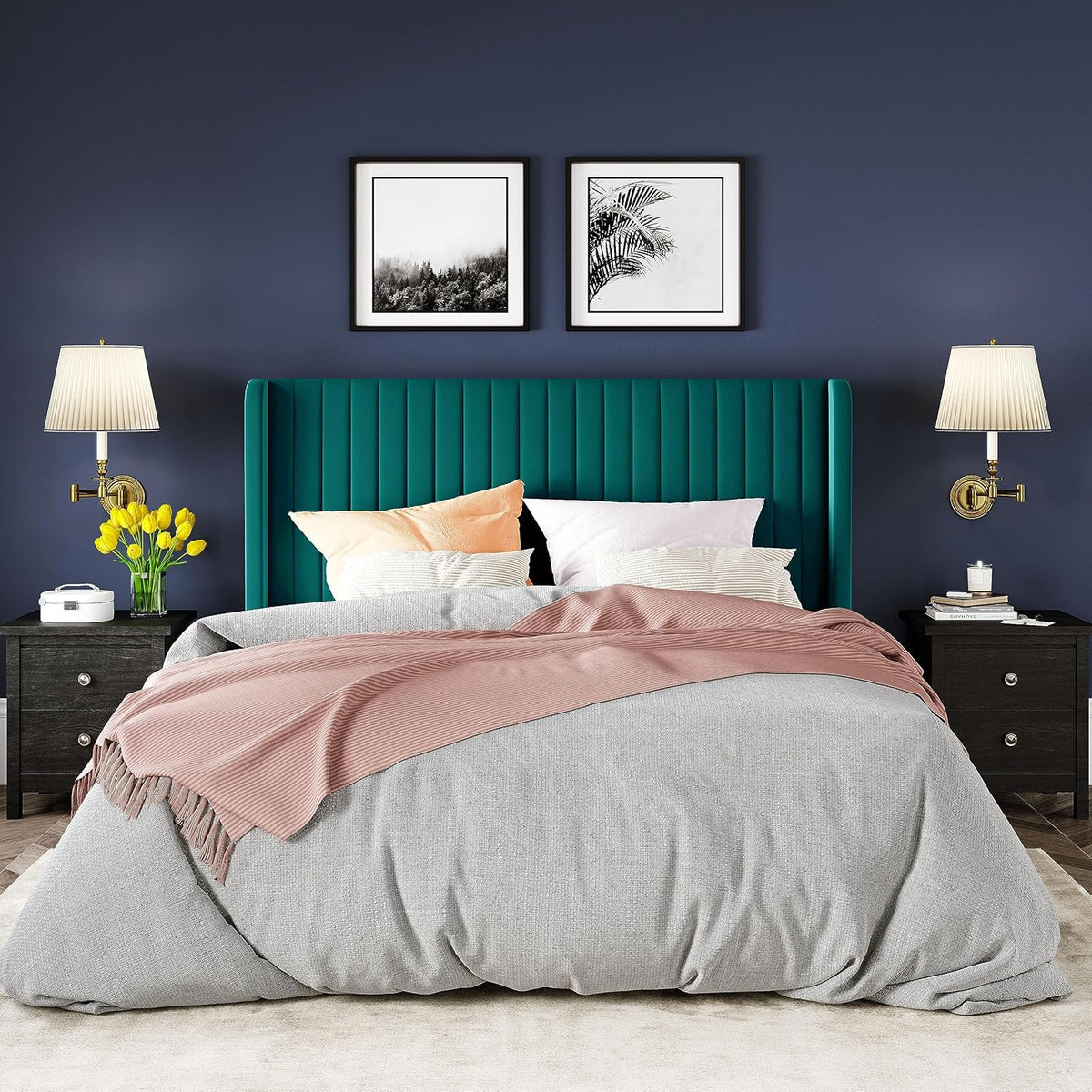 Allewie Full Size Velvet Bed Frame Vertical Channel Tufted Wingback Headboard Upholstered Bed