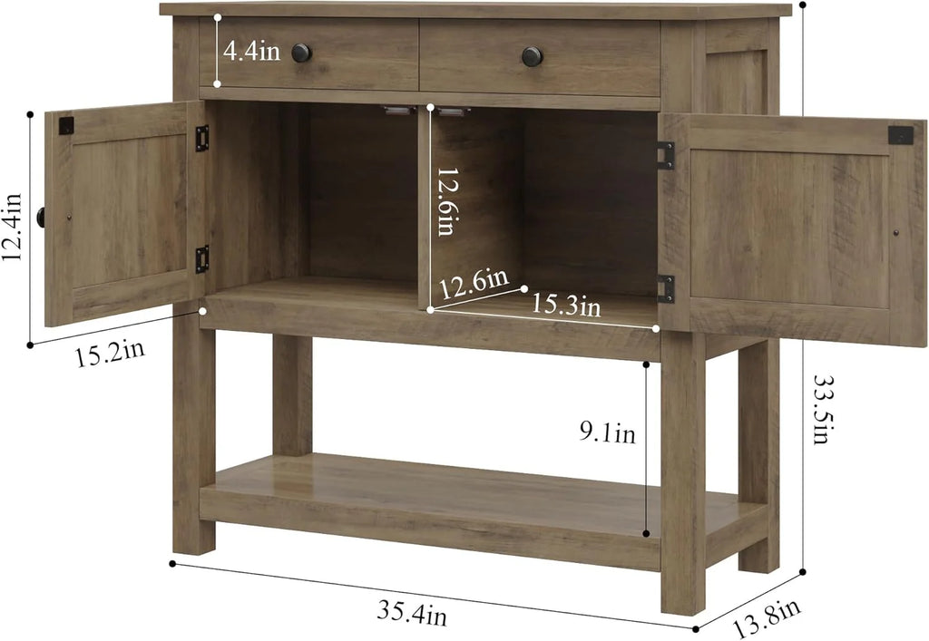 Farmhouse style console table coffee bar, entry table with storage rack, sofa table buffet sideboard