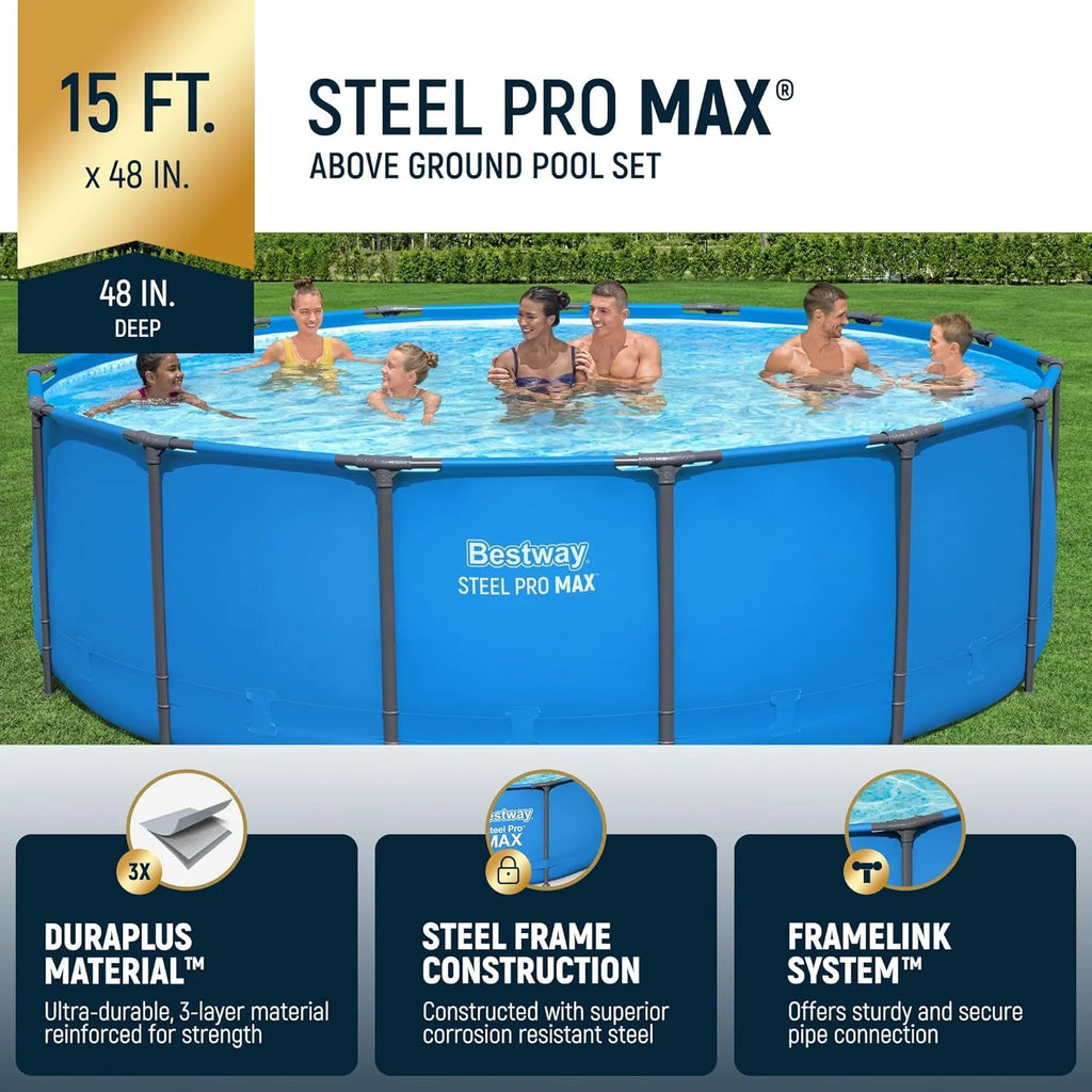 Steel Pro MAX 14 Foot x 48 Inch Round Metal Frame Above Ground Outdoor Swimming Pool Set with 1,000 Filter Pump, Ladder, and Cover, Gray
