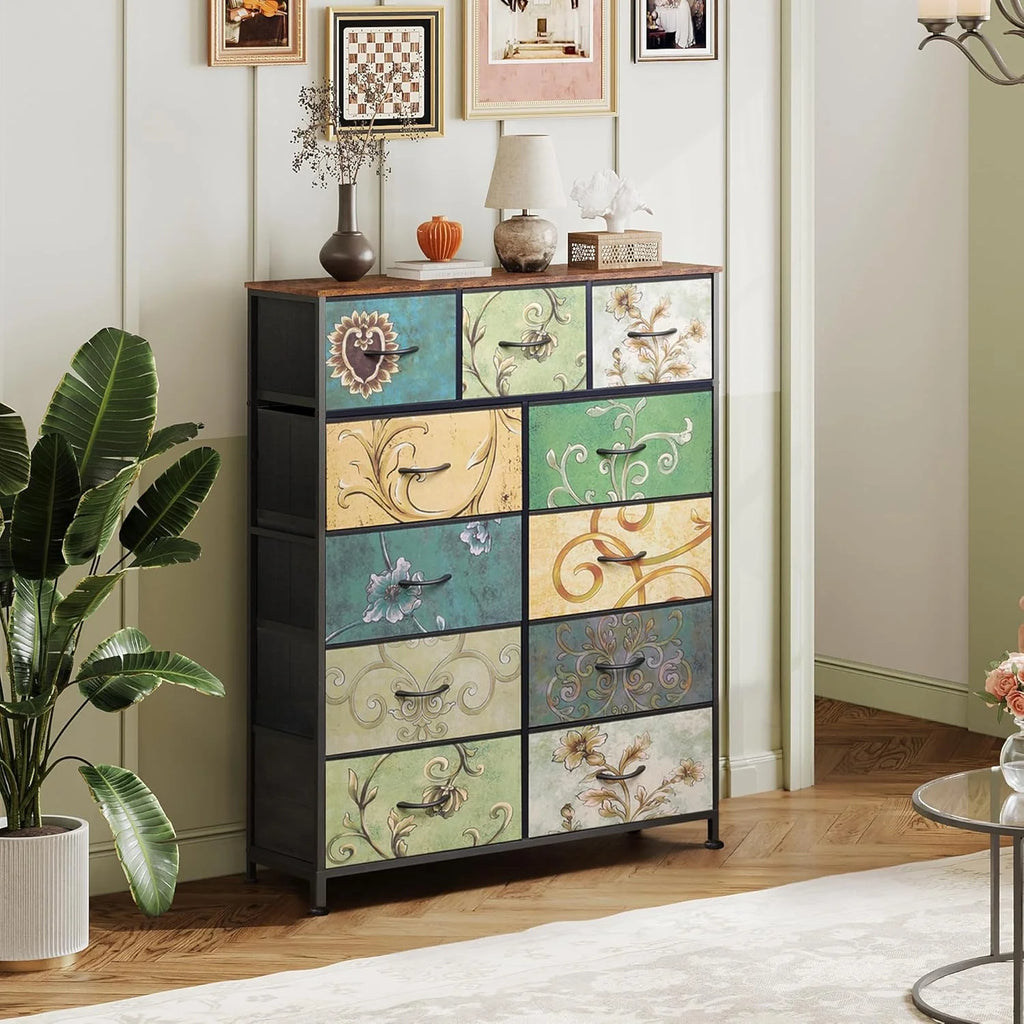 Storage Organizer Unit with 11 Fabric Bins, Storage Drawers Organizer with Steel Frame, Tall Storage Tower Organizaton