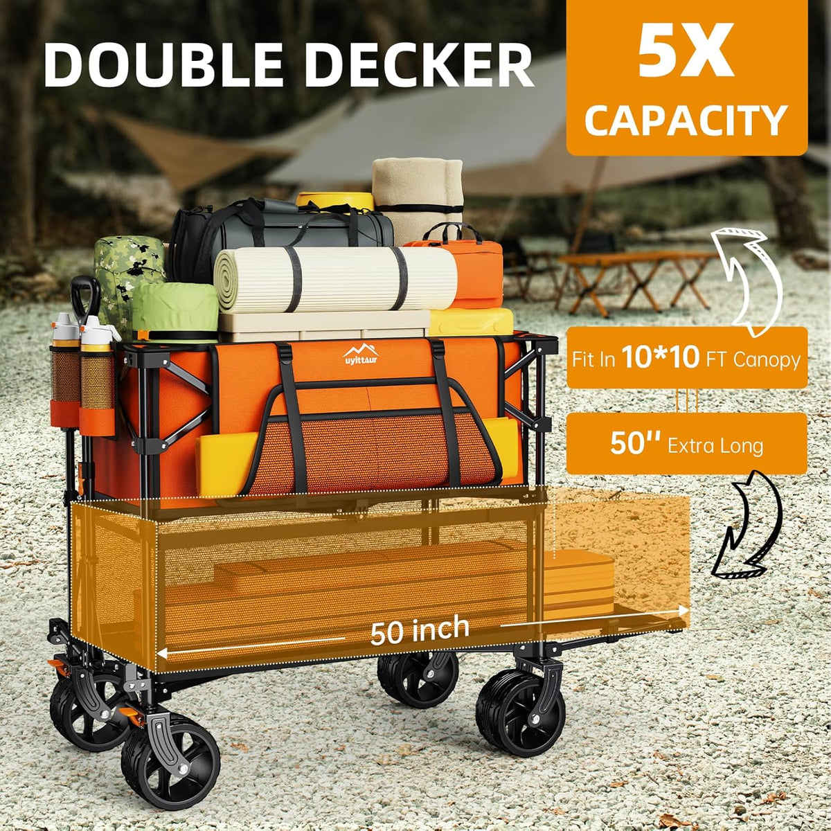 Foldable 50''L Extra Long Double Decker Wagon for Sport, 400L Collapsible Heavy Duty Wagon Cart with Big Wheels, Utility All-Terrain Large Extender Cart for Outdoors