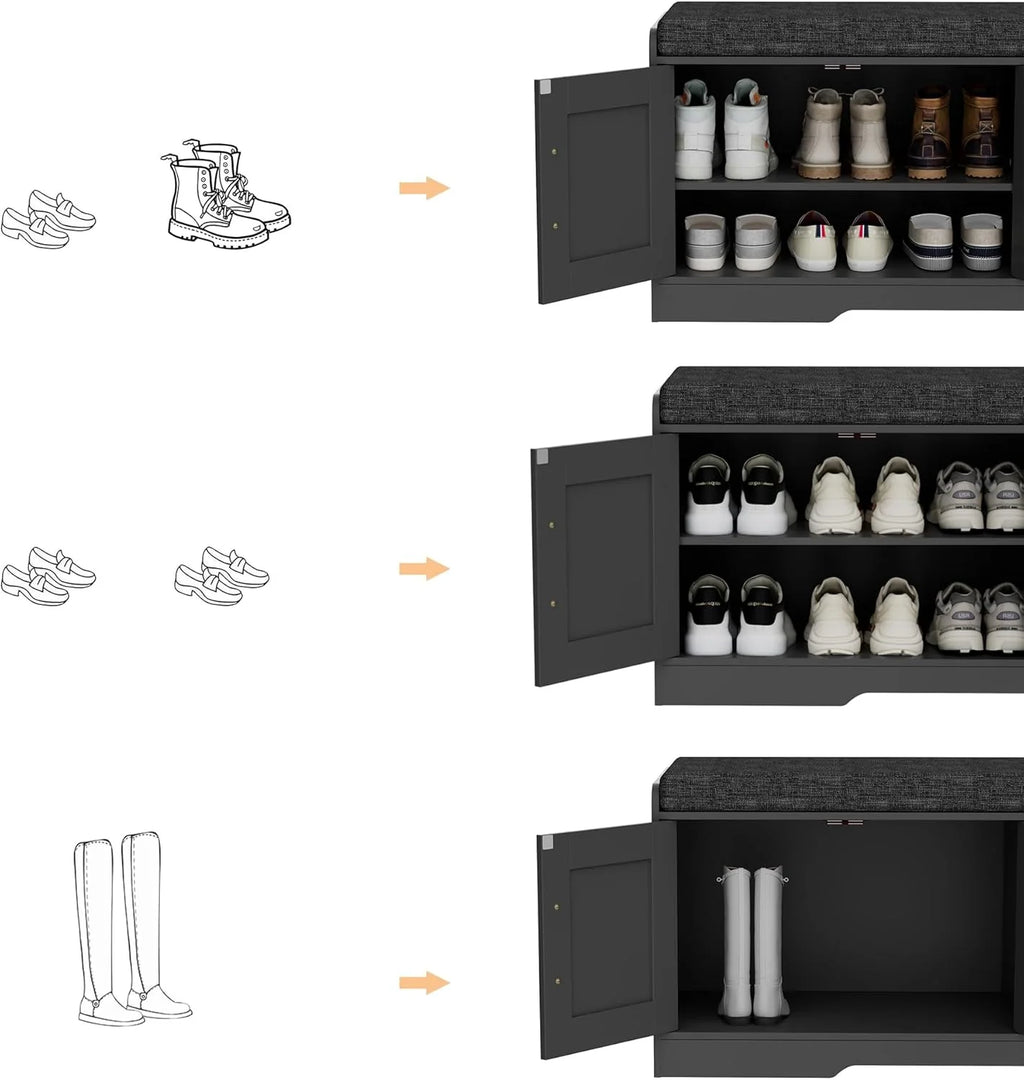 2-Tier Storage Bench, Shoe Bench with Thickened Padded Seat Cushion, Entryway Bench with 4 Doors, Adjustable Shelf