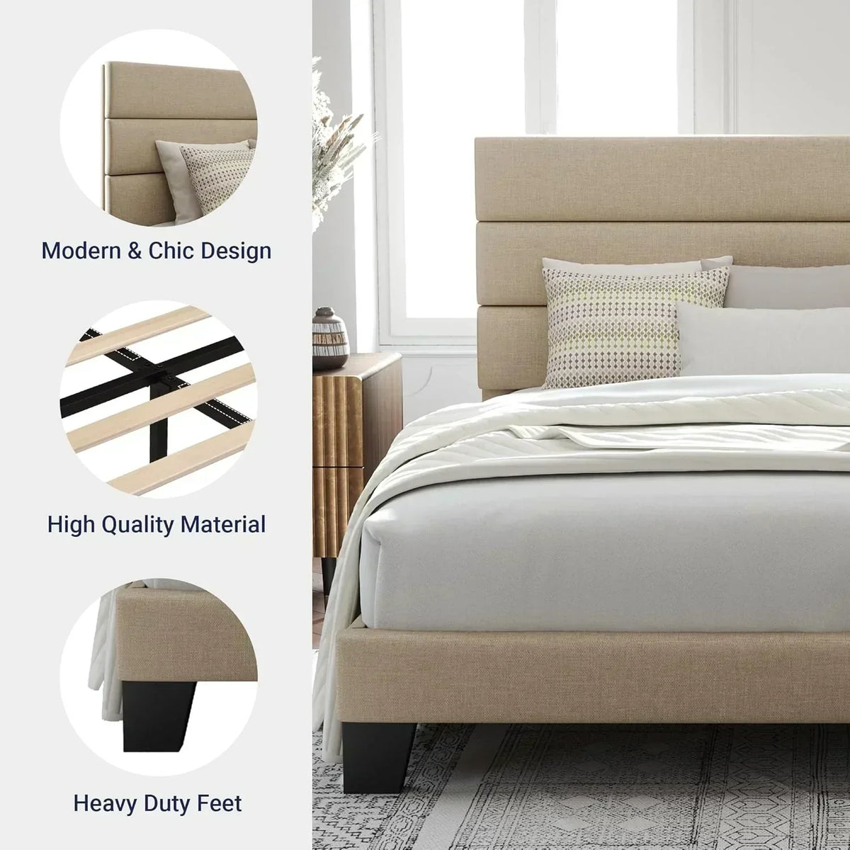 Allewie Queen Size Platform Bed Frame with Fabric Upholstered Headboard Wooden Slats Support