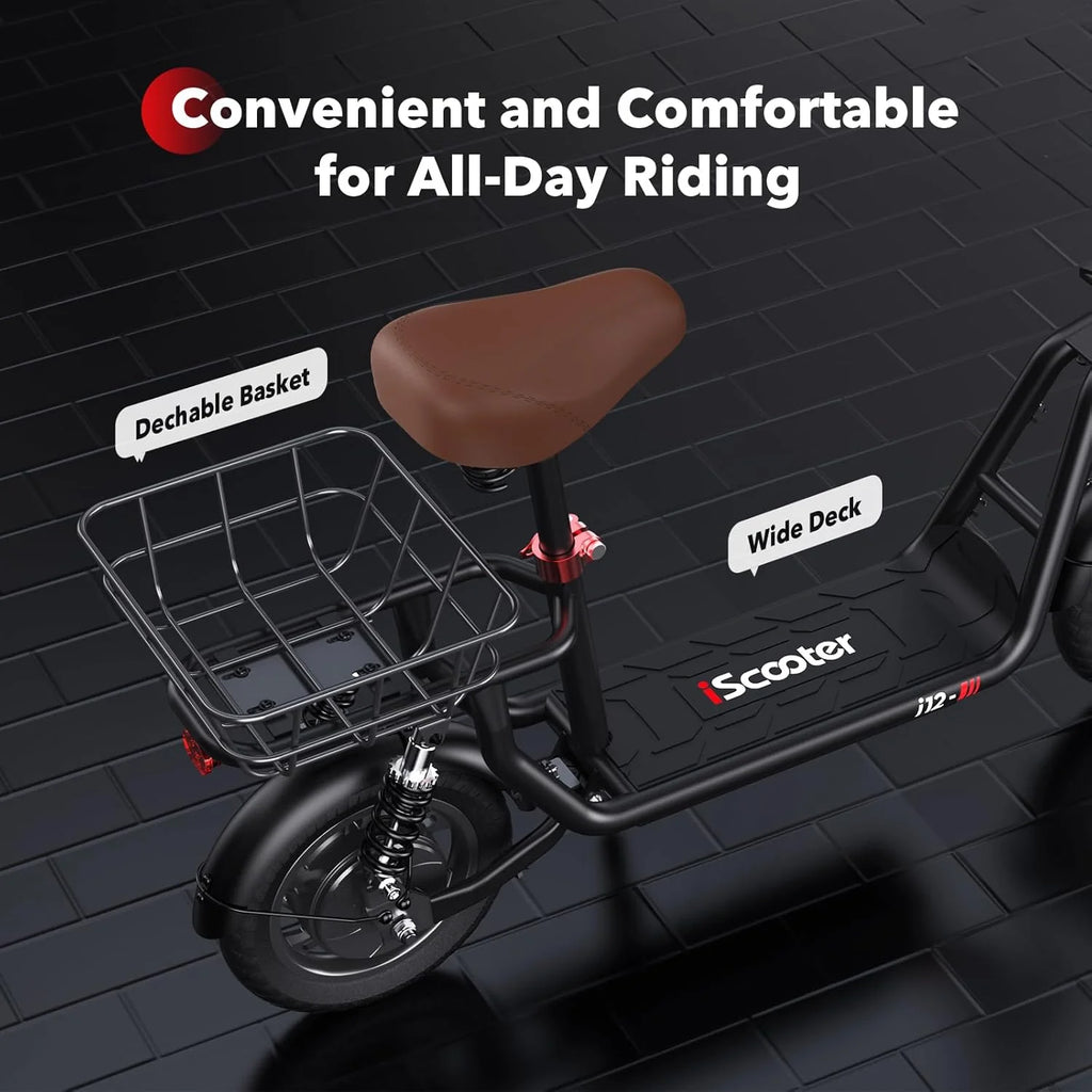iScooter electric scooter with seat, 37/21 mile range, 28/19/15.6 mph top speed, dual suspension scooter with basket
