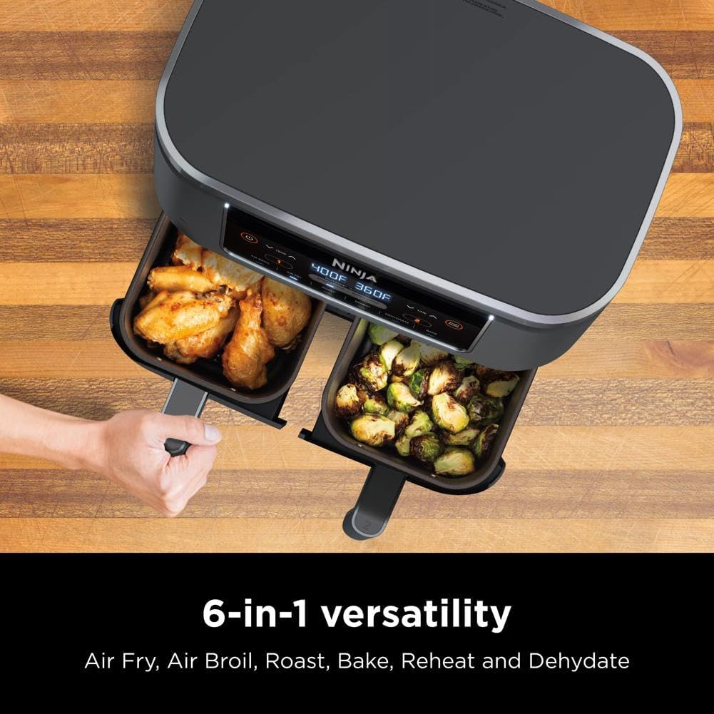 Ninja Foodi 10QT 6-in-1 DualZone Smart XL Air Fryer, 2 Independent 5QT Baskets, Smart Cook Thermometer, Match Cook, Smart Finish, Air Fry, Roast, Bake, Dehydrate, Reheat, Grey, DZ550