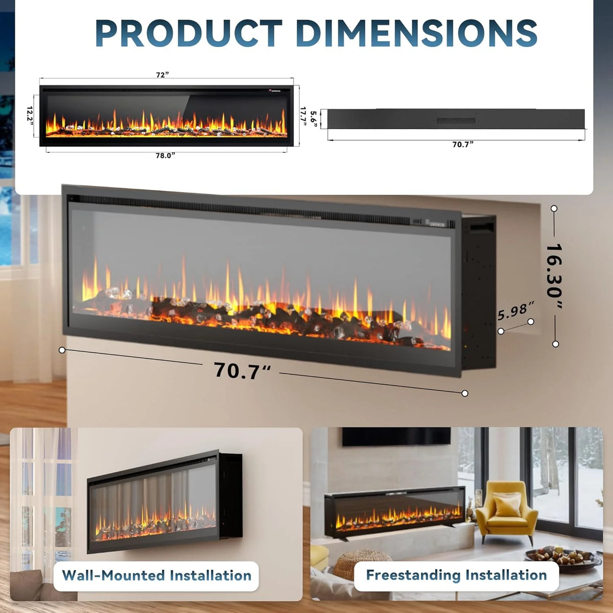 EUHOMY 50 Inch Electric Fireplace Wall Recessed and Wall Mounted with Adjustable Flame Color, Fireplace Heater with Remote Control, Linear Fireplace with Timer, Touch Screen, Log & Crystal, 750/1500W