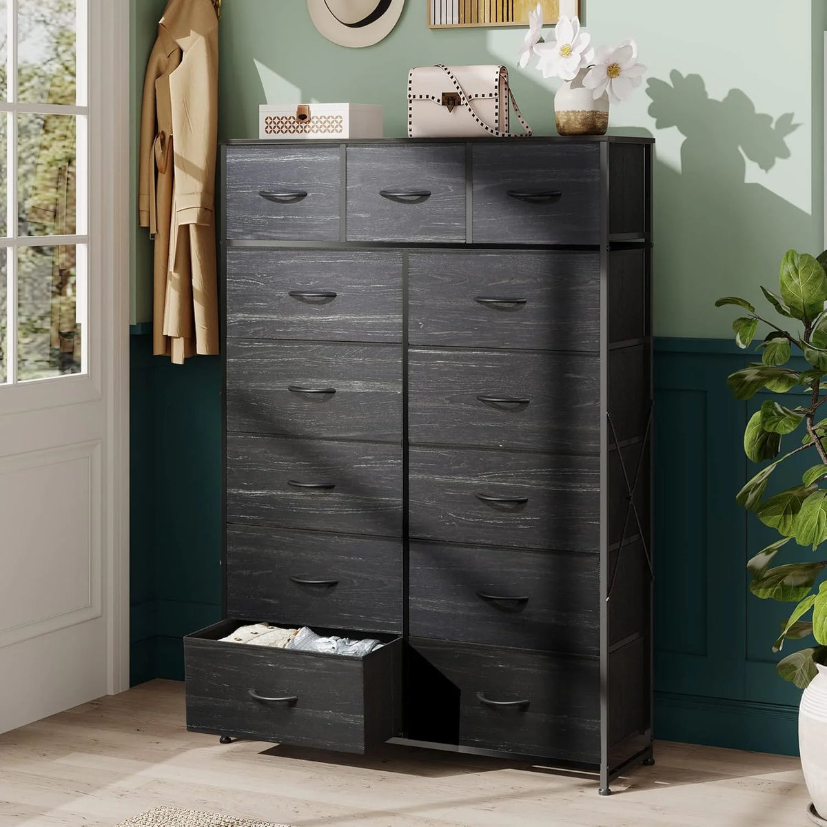 WLIVE Storage Organizer Unit with 13 Fabric Bins, Storage Drawers Organizer with Steel Frame, Tall Storage Tower Organizaton for Living Room, Hallway, Office, Charcoal Black