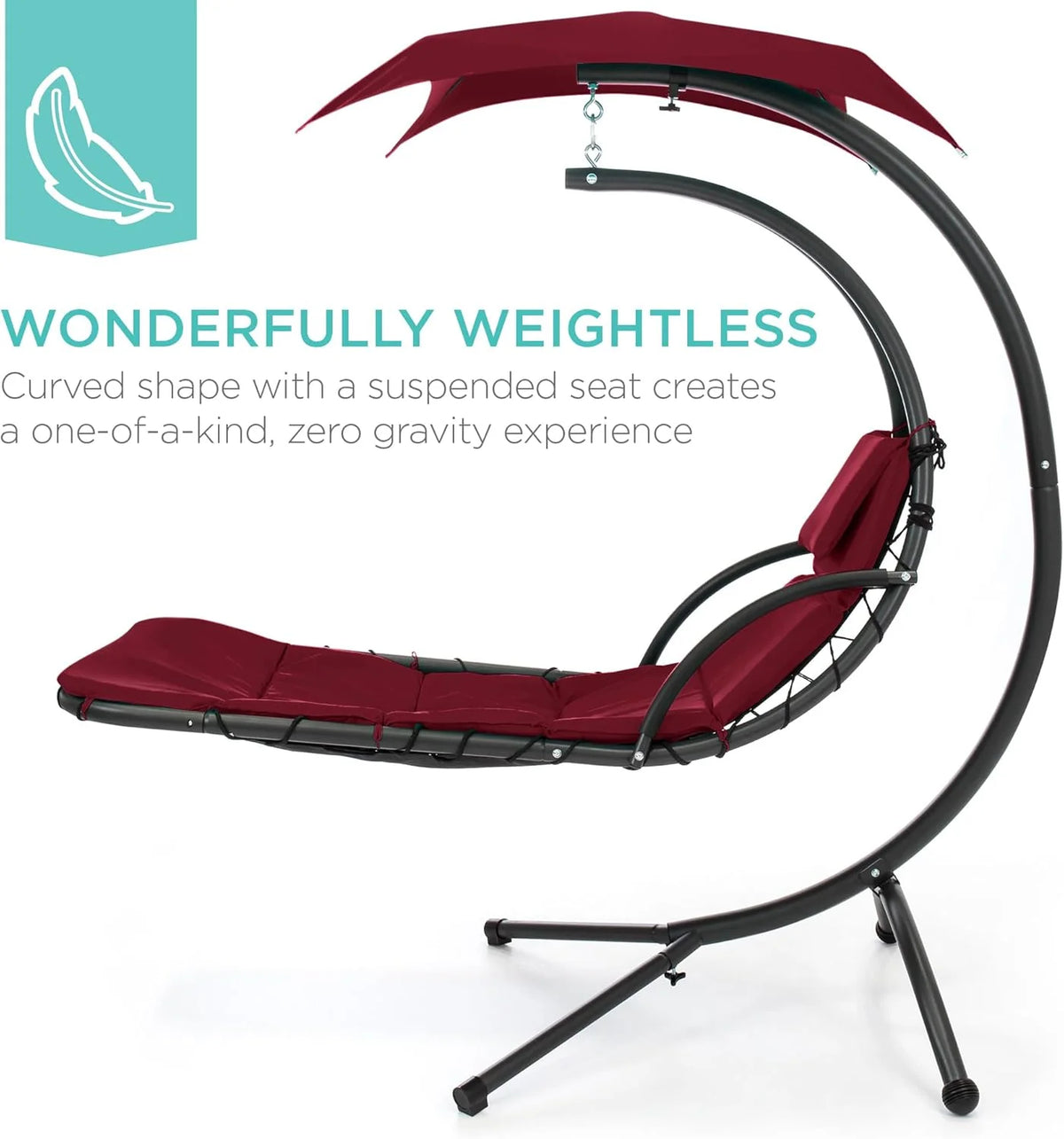 Best Choice Products Outdoor Hanging Curved Steel Chaise Lounge Chair Swing w/Built-in Pillow and Removable Canopy - Teal