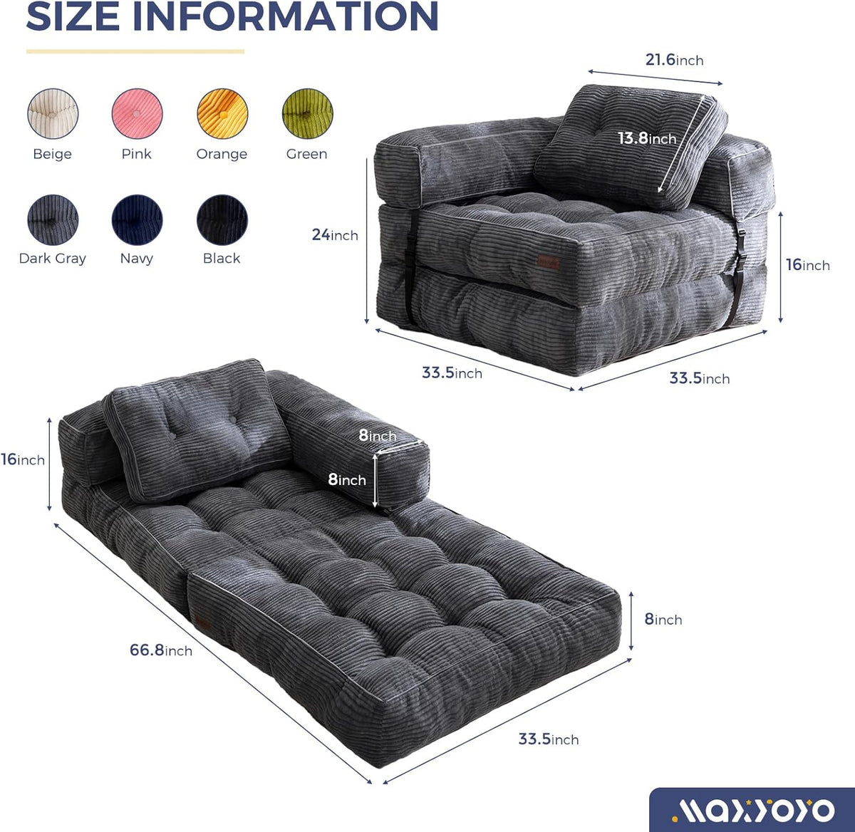 Folding Sofa Bed L-Shaped Convertible Sofa Bed with Armrests and Pillows