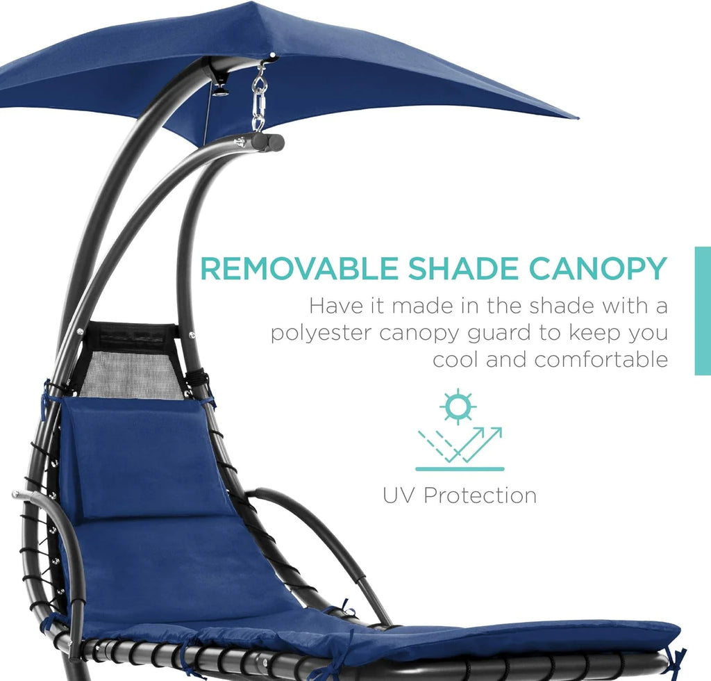 Best Choice Products Outdoor Hanging Curved Steel Chaise Lounge Chair Swing w/Built-in Pillow and Removable Canopy - Teal