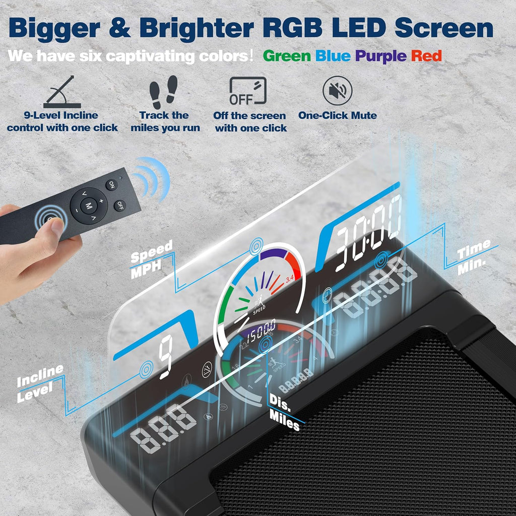 The Walking Pad treadmill features 12% 9-level automatic incline, 450-pound capacity, RGB LED screen, and Bluetooth speakers.