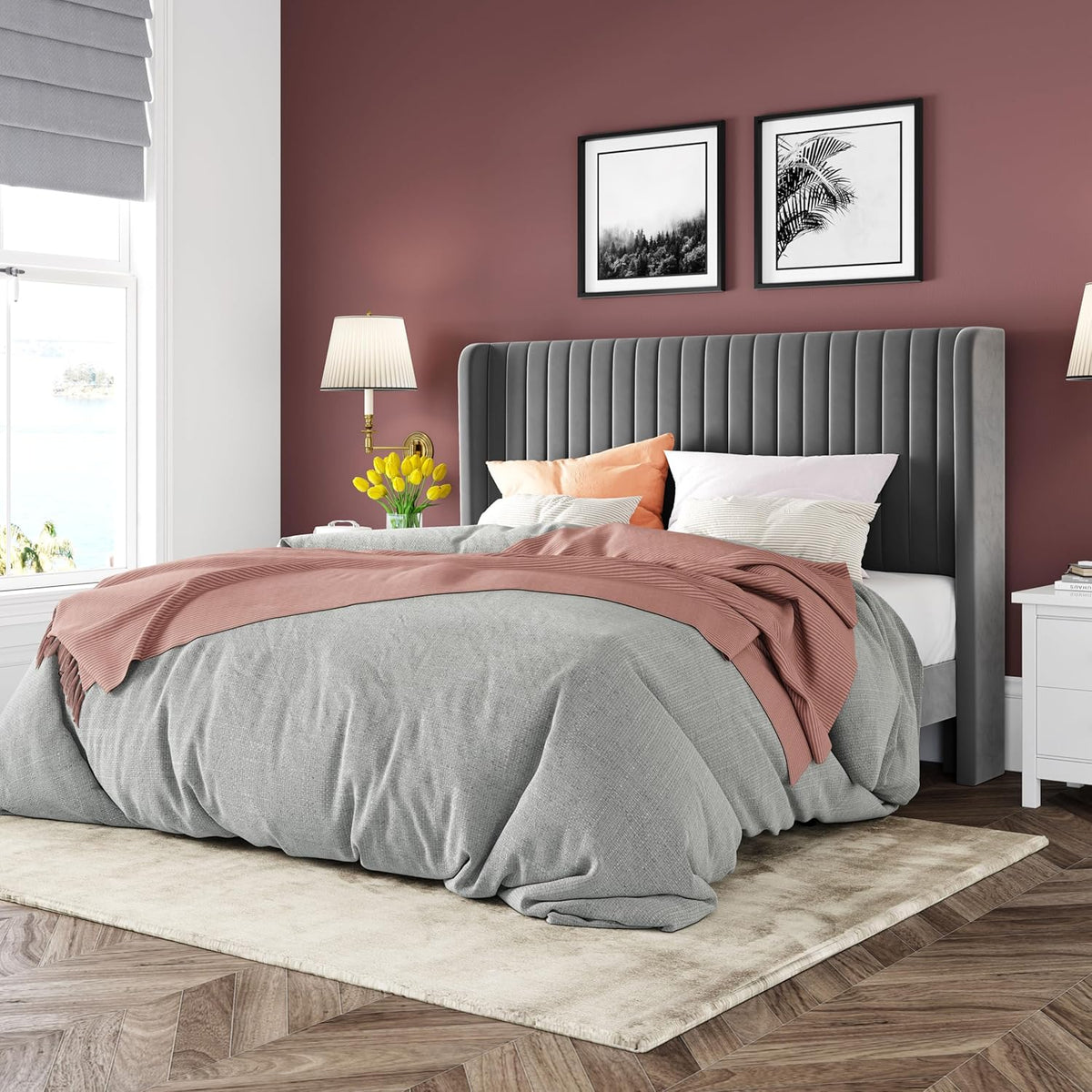 Allewie Full Size Velvet Bed Frame Vertical Channel Tufted Wingback Headboard Upholstered Bed