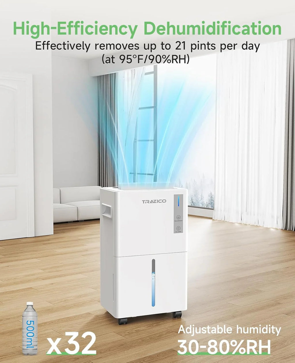 1500 Sq.ft Dehumidifier for Basement 21 Pint Dehumidifiers for Home Large Room with Drain Hose, Smart Humidity Control, 3 Modes, 24H Timer, Auto Defrost, Ideal for Bedrooms, Bathroom, White