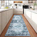 Large Vintage Washable Rug 9x12 Blue Low-Pile Indoor Floral Print Carpet