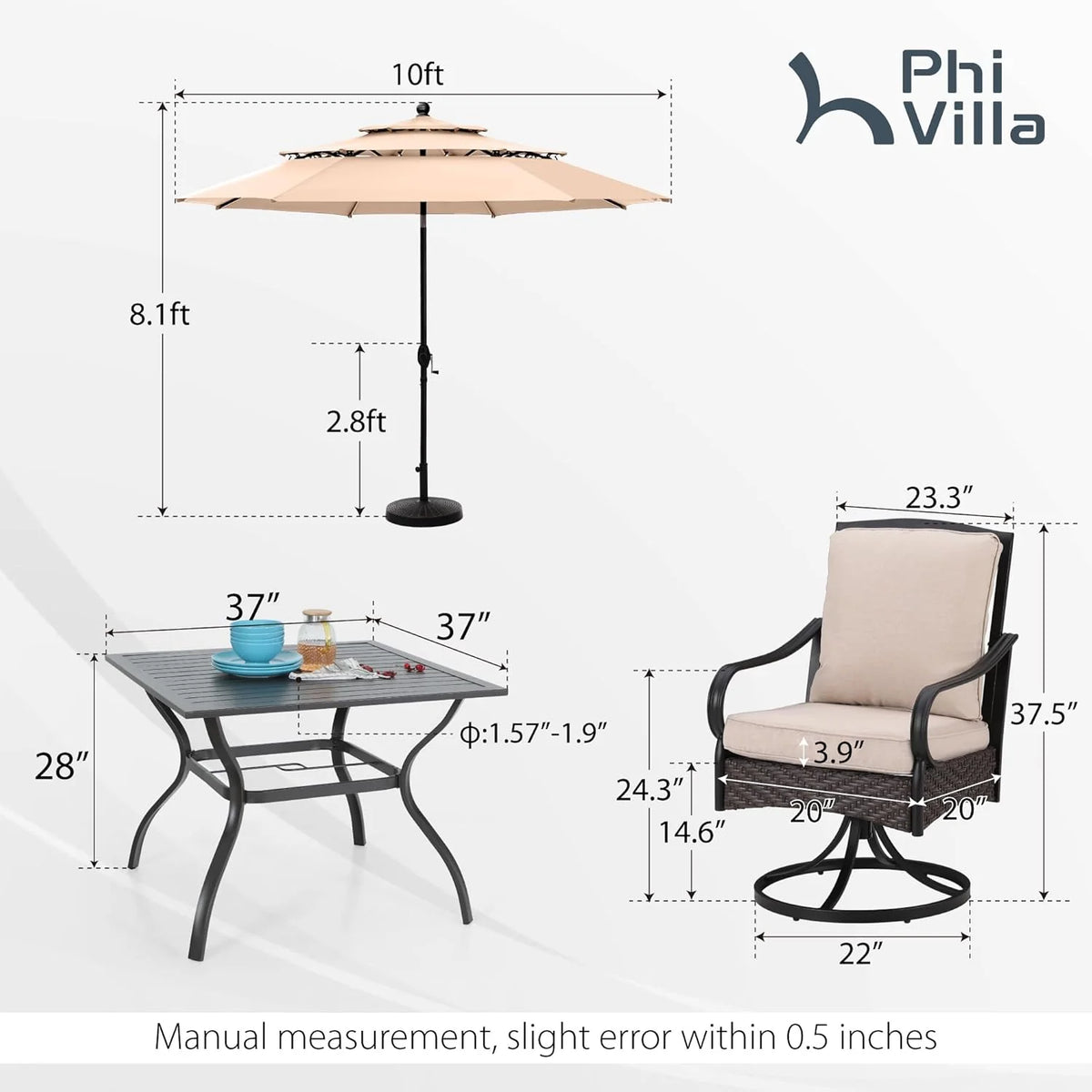 PHI VILLA 6-Piece Outdoor Dining Sets, All-Weather Patio Table and Chairs Set with Umbrella for 4, Heavy Duty Patio Round Table Set for Deck, 4 Extra Large Outdoor Swivel Chairs with Thick Cushions