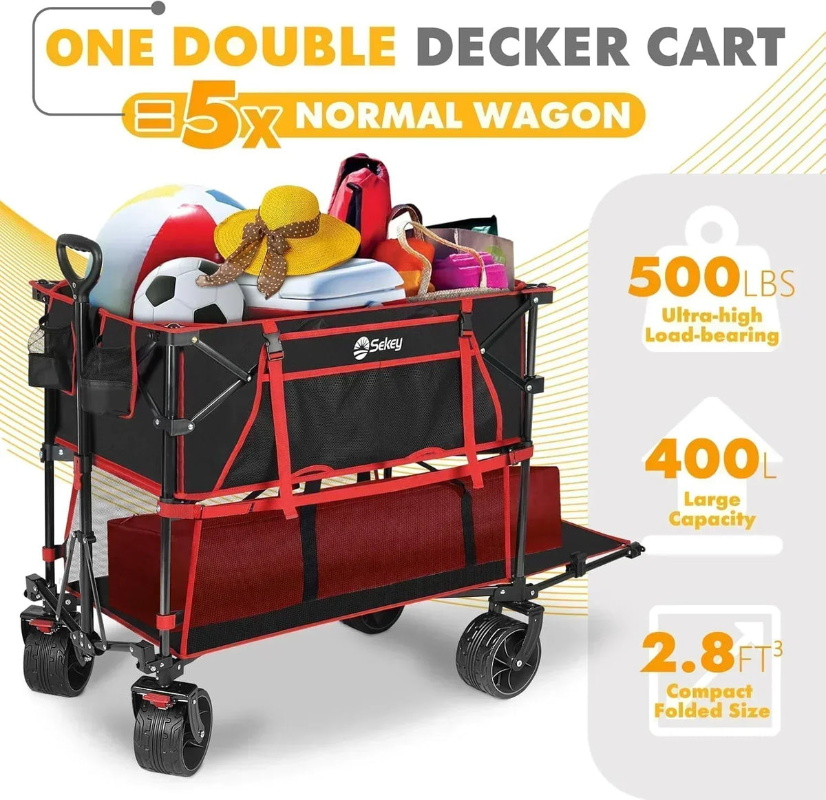 400L Large Capacity Folding Double Decker Wagon with Brakes 50 Extra Long Extender Cart