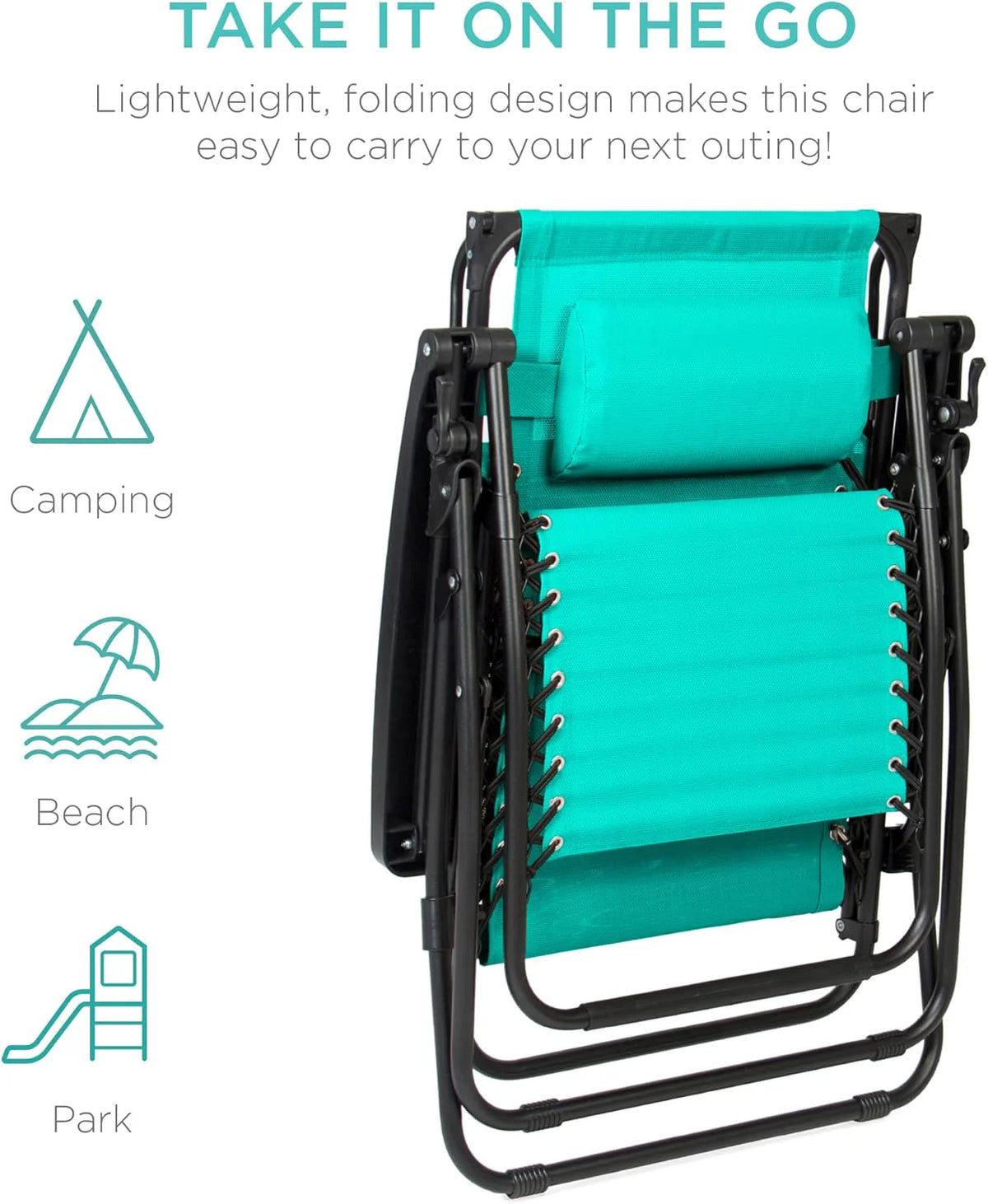 Best Choice Products Folding Zero Gravity Outdoor Recliner Patio Lounge Chair w/Adjustable Canopy Shade, Headrest, Side Accessory Tray, Textilene Mesh - Peacock Blue