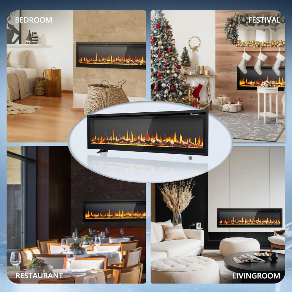 EUHOMY 50 Inch Electric Fireplace Wall Recessed and Wall Mounted with Adjustable Flame Color, Fireplace Heater with Remote Control, Linear Fireplace with Timer, Touch Screen, Log & Crystal, 750/1500W