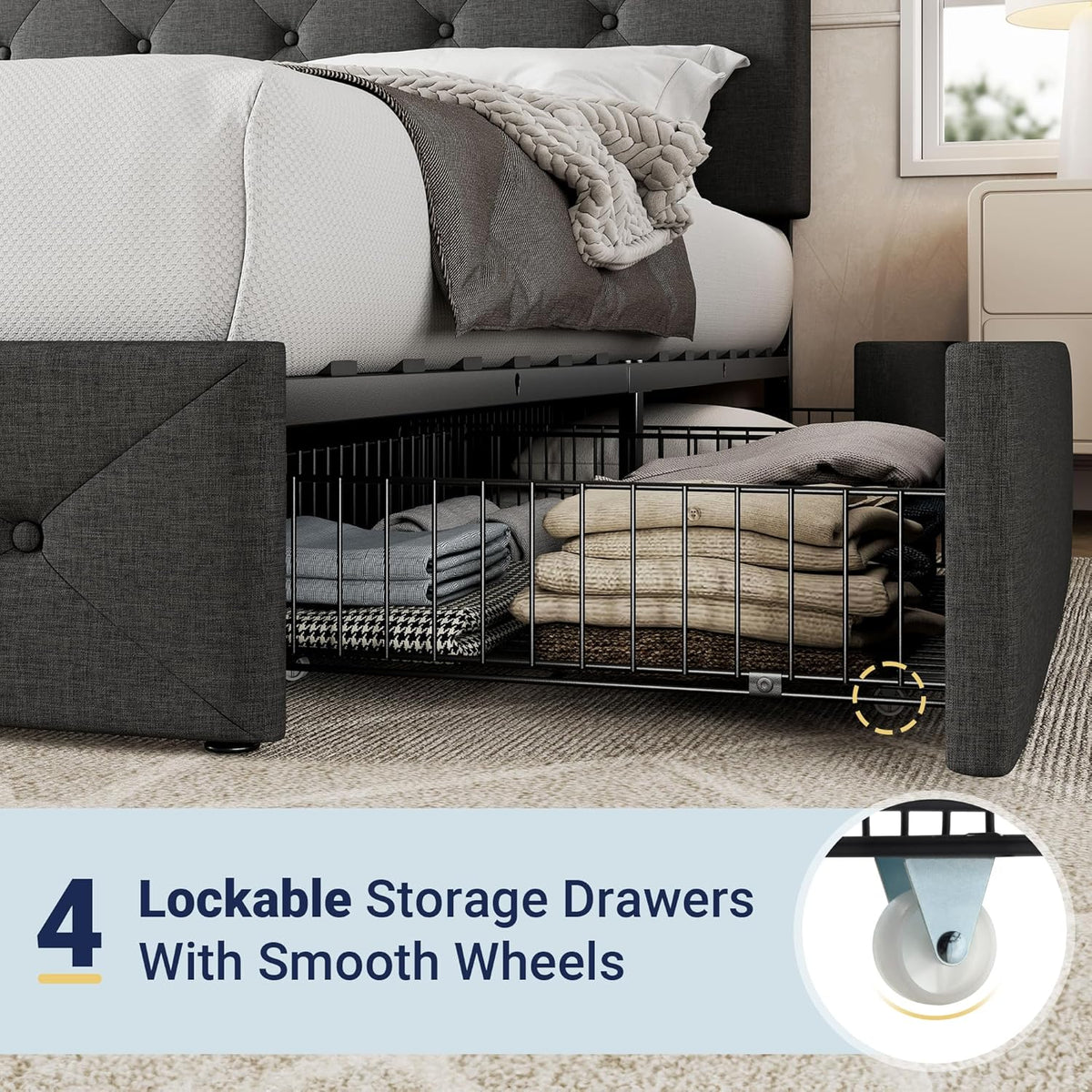 Allewie Upholstered Queen Size Platform Bed Frame with 4 Storage Drawers and Headboard