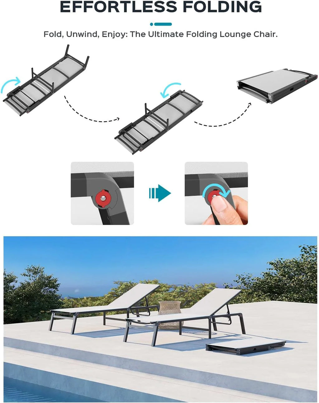 Aluminum Chaise Lounge Ourdoor - Foldable & Assemble Free Outdoor Lounge Chair with 5 Adjustable Backrest, Patio Lounge Chair for Outside Poolside Beach Pool, Black