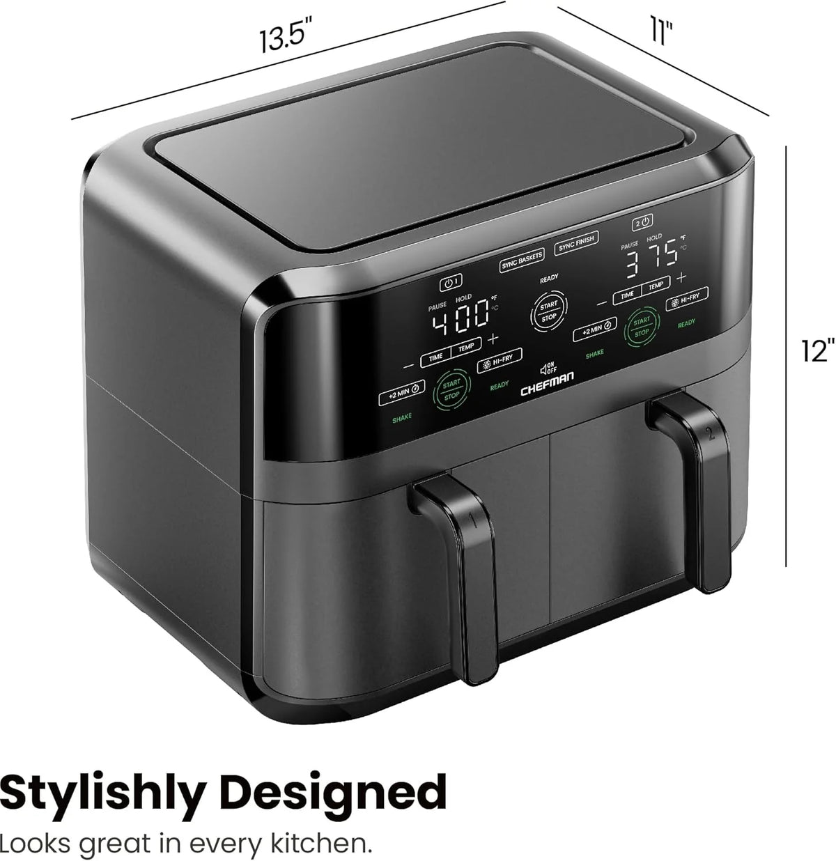 Chefman 6-Quart Dual Basket Air Fryer - Digital Touchscreen, Smart Sync Finish, High-Frying, Auto-Off, 2 Independent 3-Quart Nonstick Pans, Dishwasher-Safe Baskets