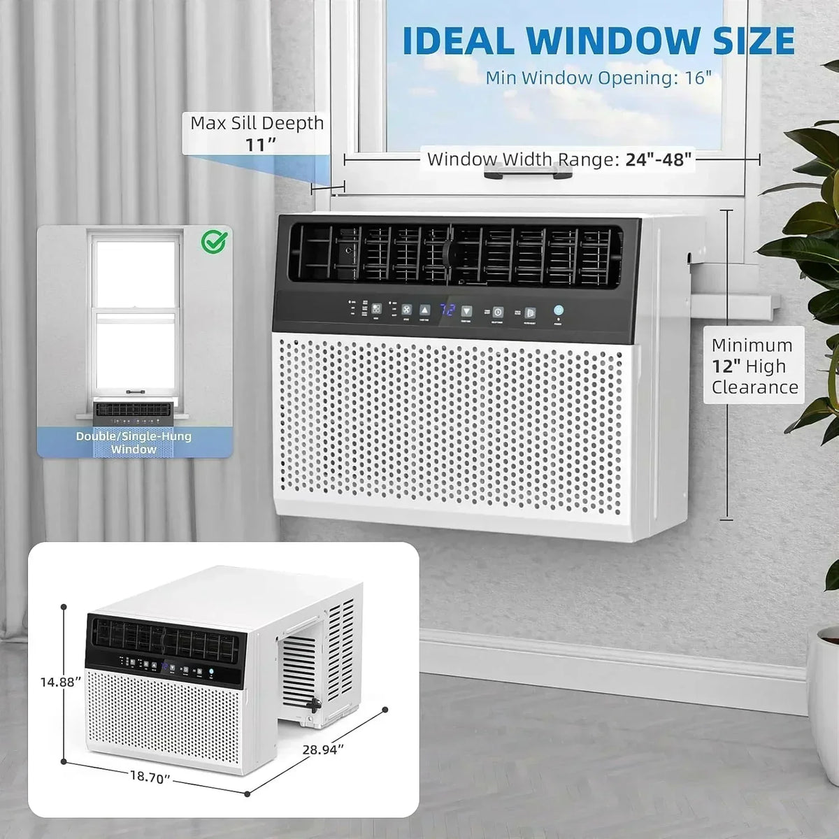 Antarctic Star 12,000 BTU U-Shaped Window Air Conditioner Unit Cools up to 550 Sq.Ft. with 6 Modes