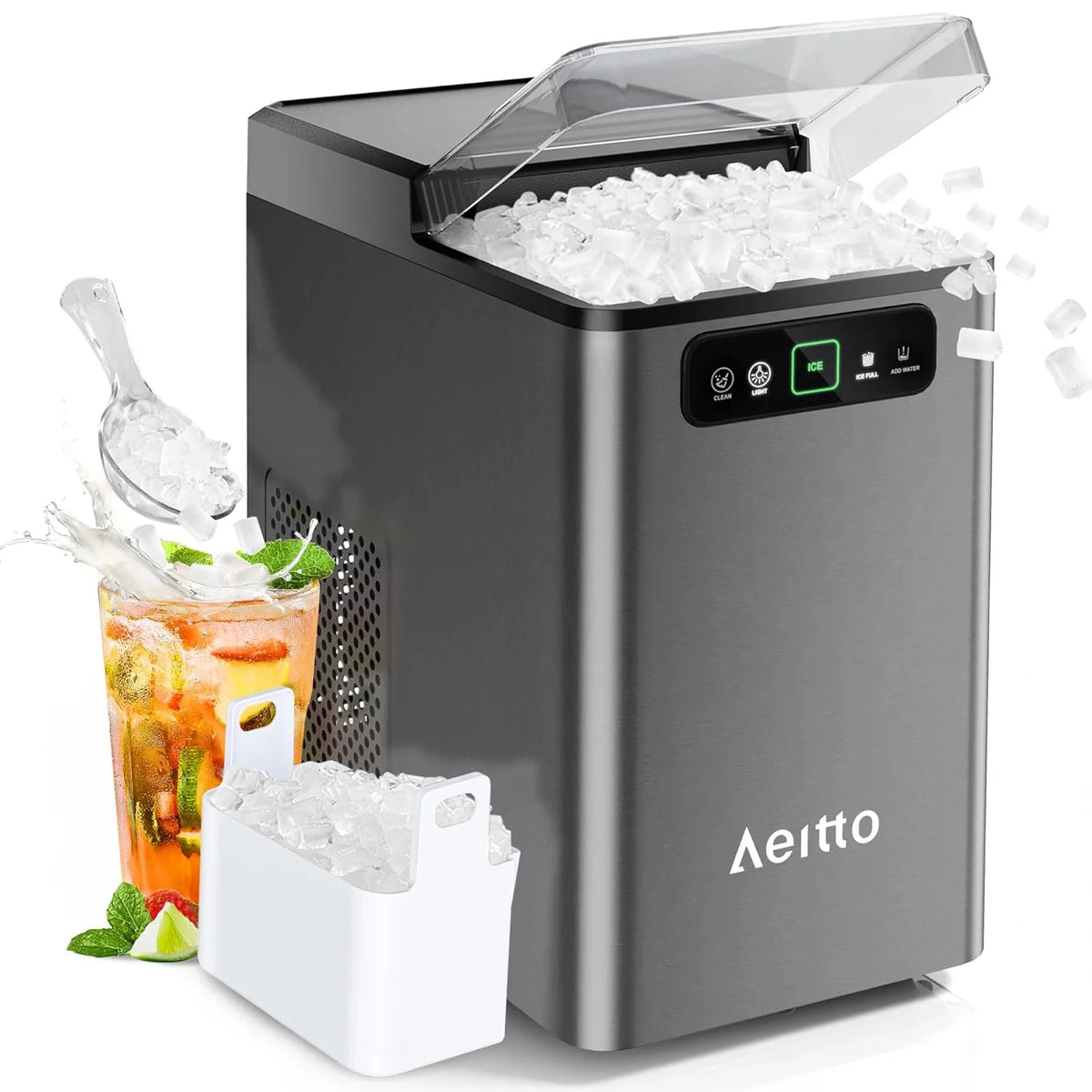 Aeitto Nugget Ice Maker 40Lbs/24H, Countertop Soft Chewable Ice Pebble Ice Machine, One-Click Operation, Auto Self-Cleaning Ice Makers with Scoop&Basket for Home, Office, Kitchen, Party (Grey)