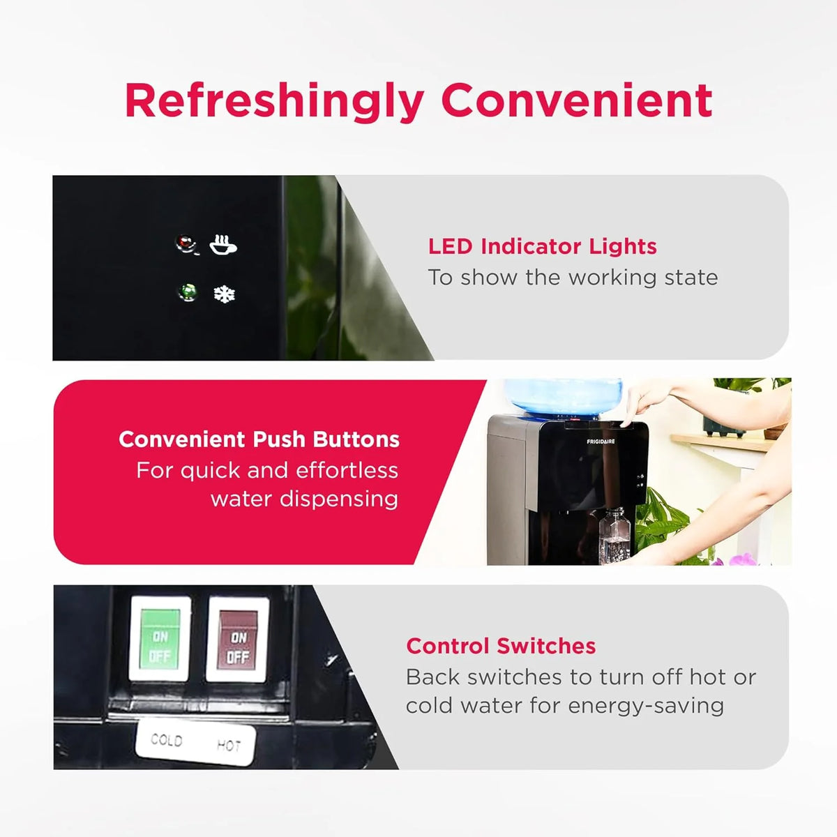 Frigidaire EFWC498 - Top Loading Cooler Dispenser -Hot & Cold Water - Child Safety Lock - Innovative Slim & Sleek Design, Holds 3 or 5 Gallon Bottles - Black