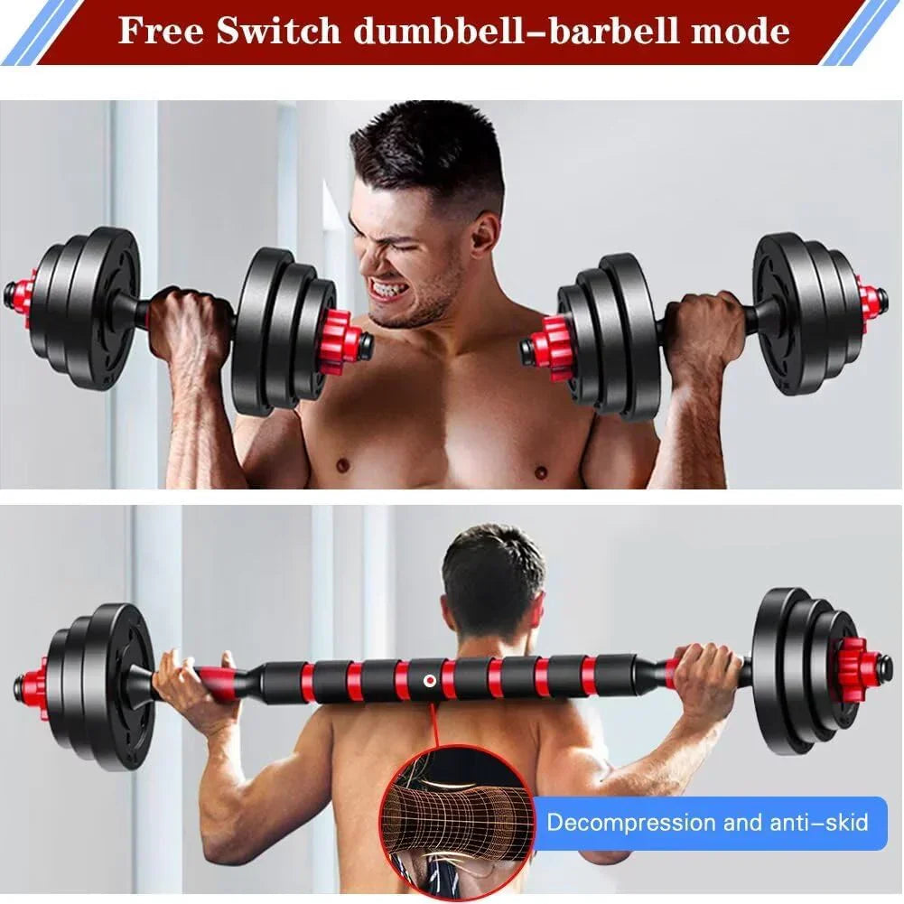 Adjustable dumbbell set, free weight dumbbell pair convertible into barbell