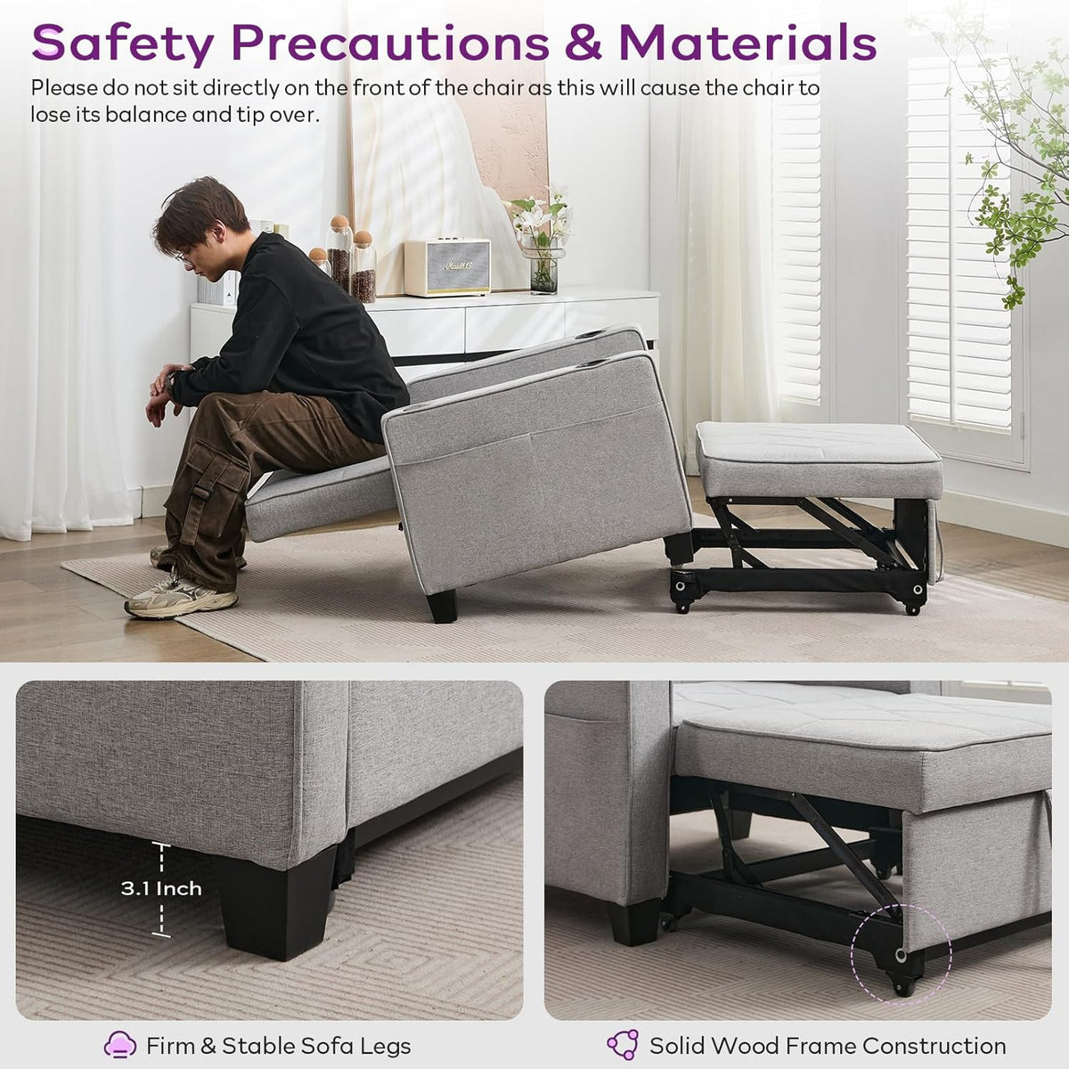 Adult Convertible Sleeper Chair Bed, 3-in-1 Pull-Out Sofa Bed with USB/Type-C Ports, Cup Holders, Side Pockets, Single Sofa