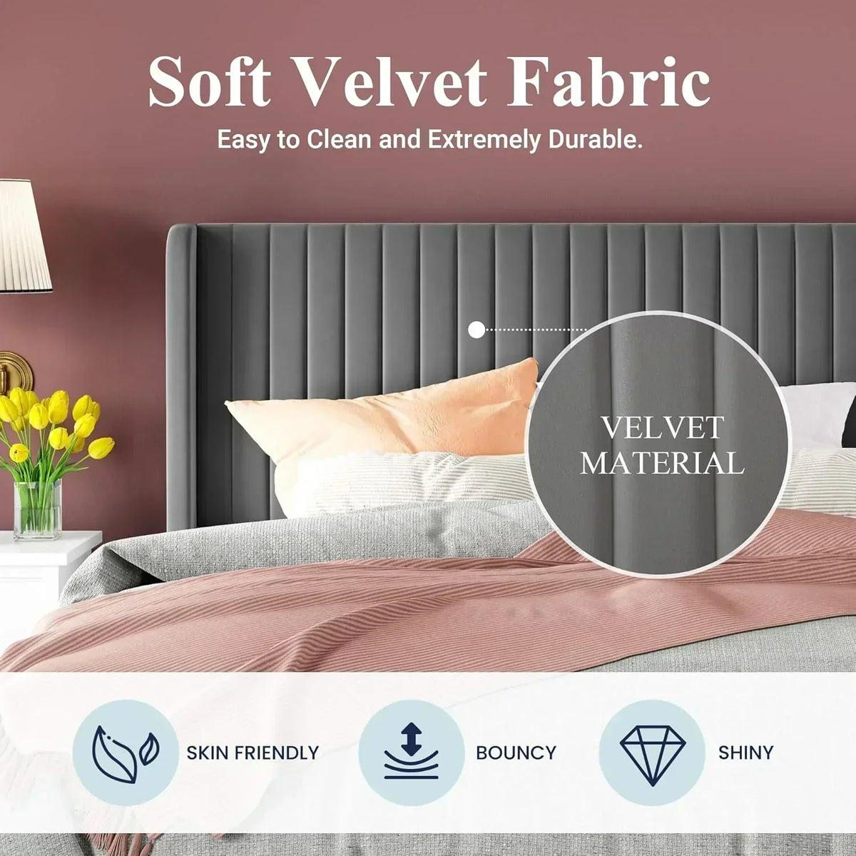 Allewie Full Size Velvet Bed Frame Vertical Channel Tufted Wingback Headboard Upholstered Bed