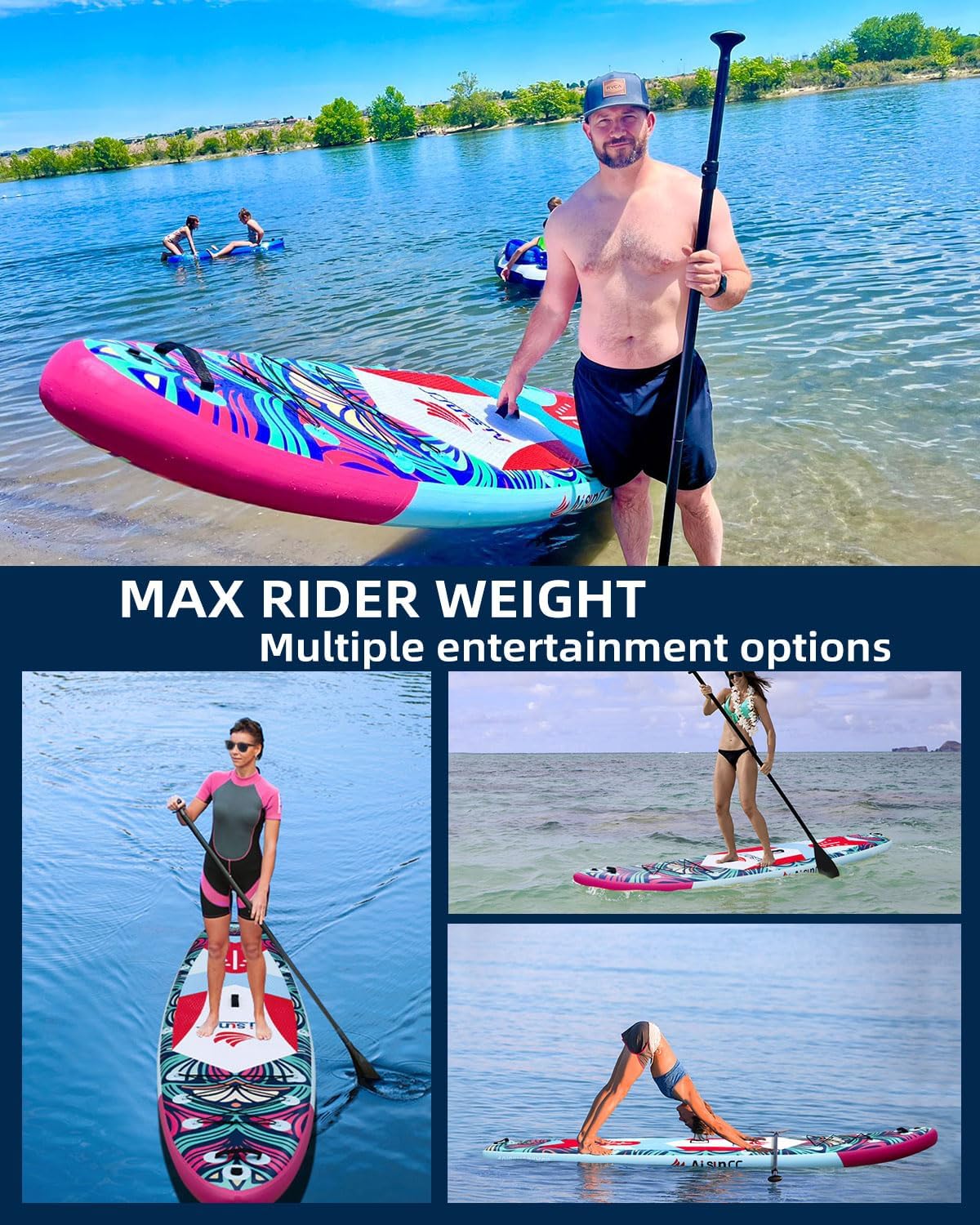 Inflatable wide SUP board with SUP carrying bag, hand pump, 10L waterproof bag and adjustable paddle