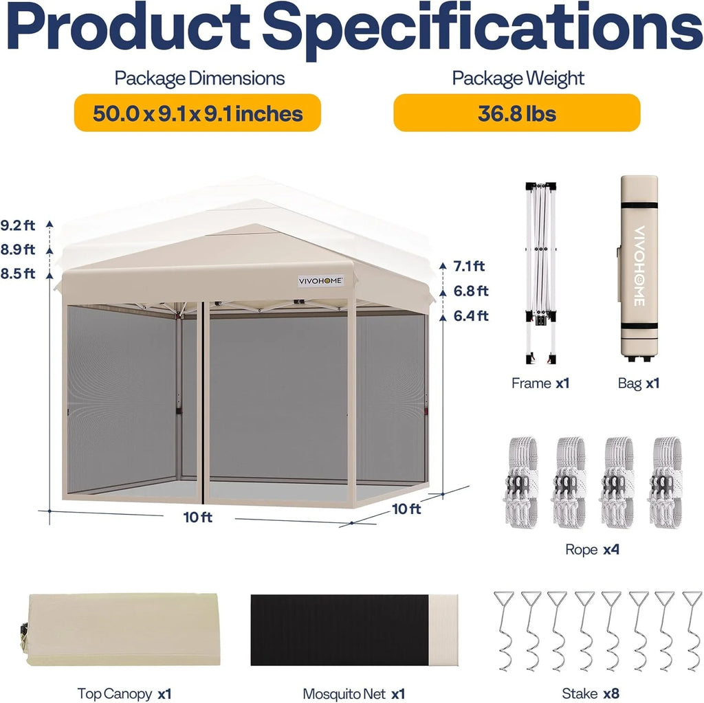 10x10ft Easy Pop-Up Canopy, Outdoor Screen Tent with Mosquito Netting, 2 Zipper Doors, and Roller Bag for Yard Camping Picnic Party Events, Beige