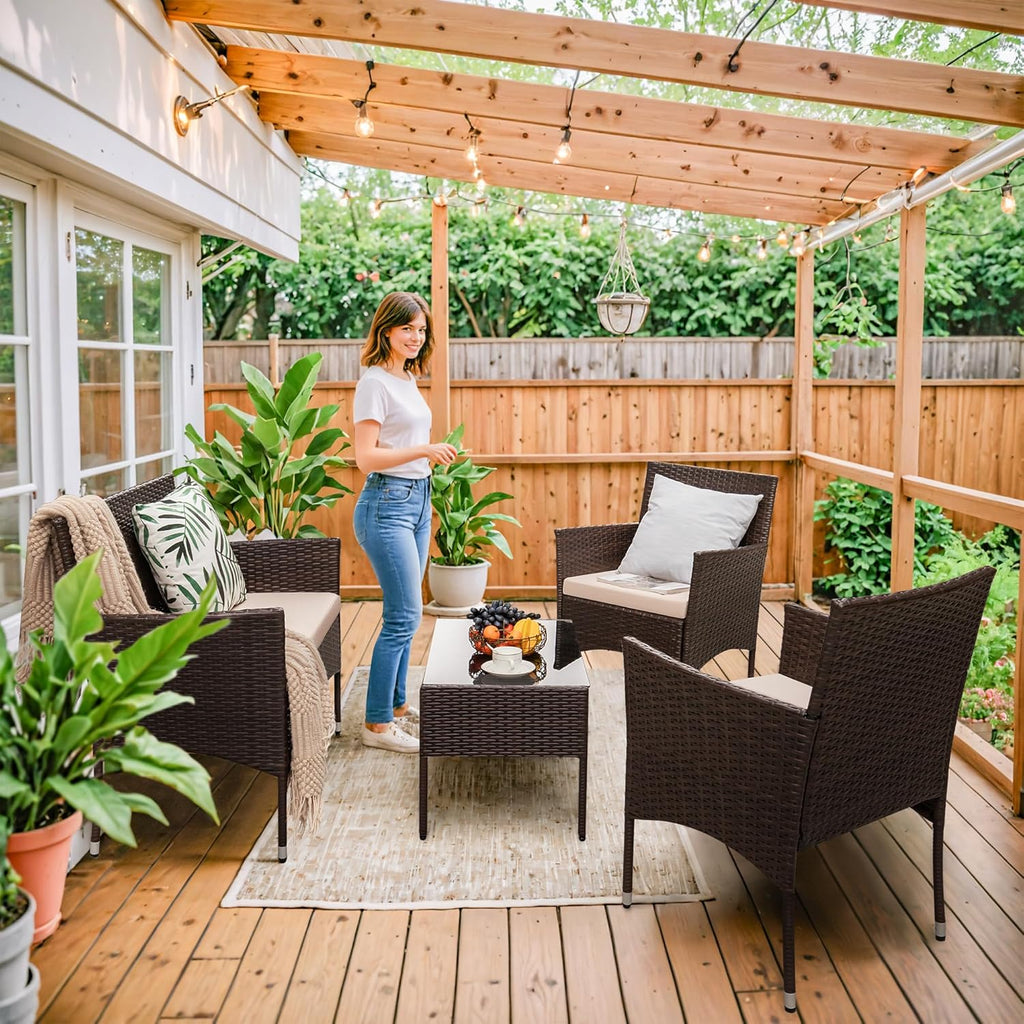 Homall 4 Pieces Outdoor Patio Furniture Sets Rattan Chair Wicker Set, Outdoor Indoor Use Backyard Porch Garden Poolside Balcony Furniture Sets Clearance (Brown and Beige)