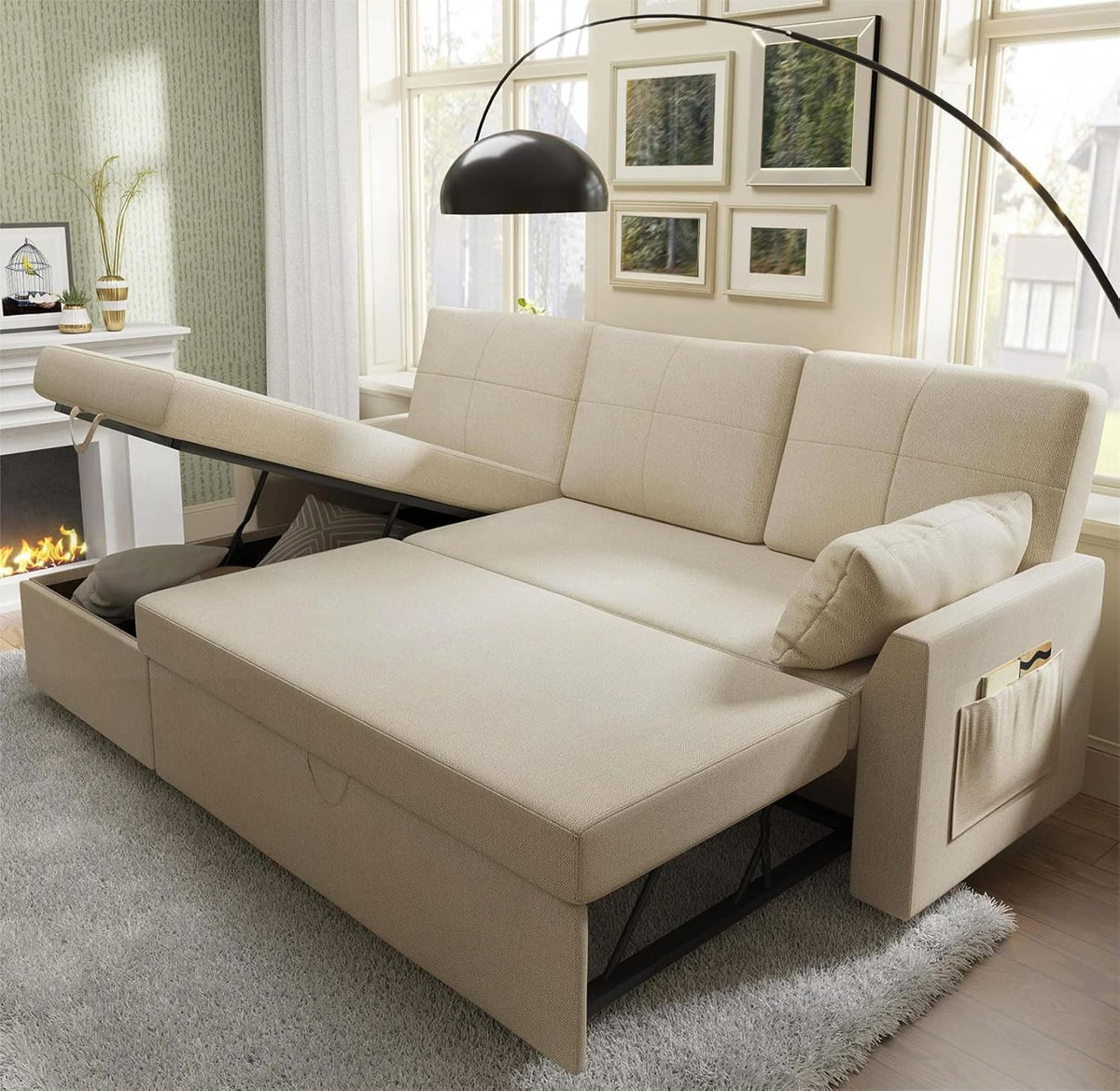 VanAcc Sofa Bed Sleeper Sofa with Storage Chaise 2 in 1 Pull Out Couch Living Room