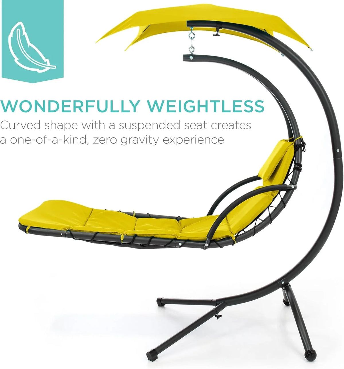 Best Choice Products Outdoor Hanging Curved Steel Chaise Lounge Chair Swing w/Built-in Pillow and Removable Canopy - Teal