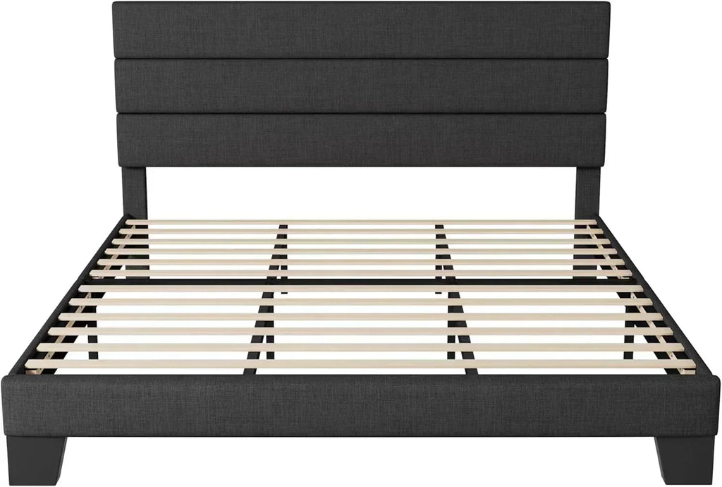 Allewie Queen Size Platform Bed Frame with Fabric Upholstered Headboard Wooden Slats Support