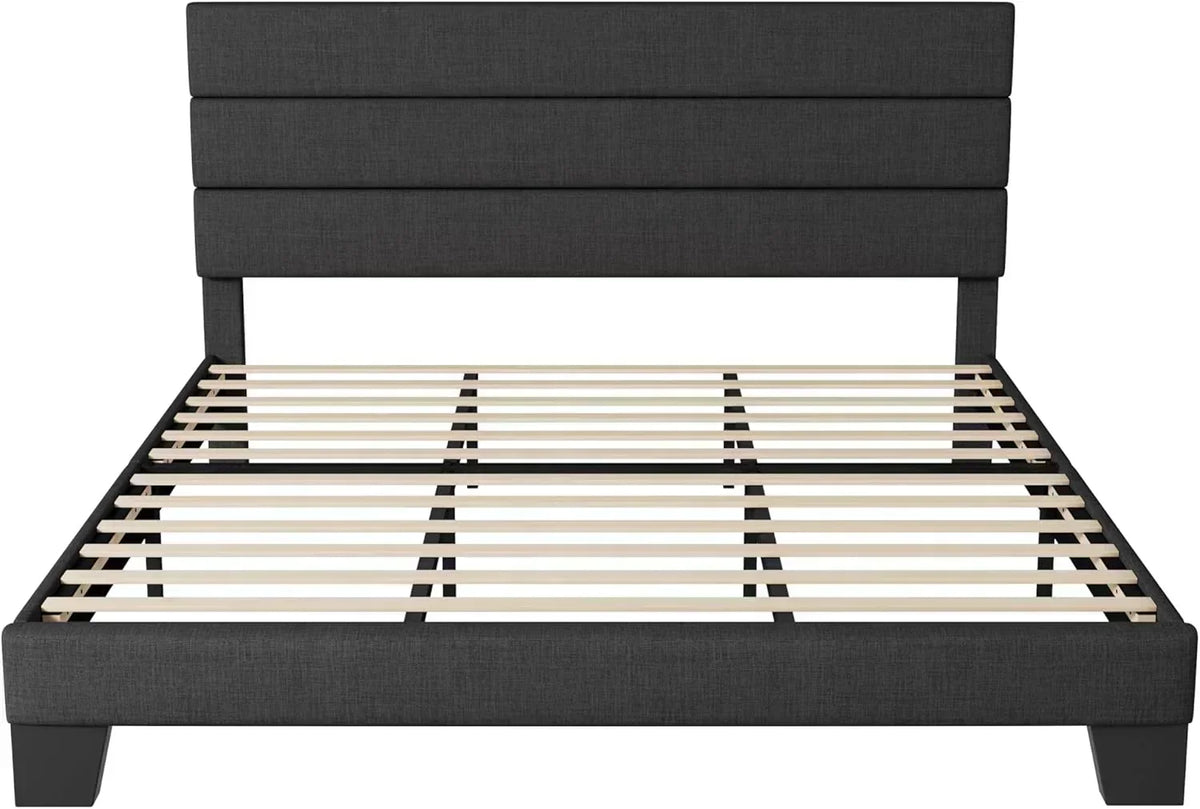 Allewie Queen Size Platform Bed Frame with Fabric Upholstered Headboard Wooden Slats Support