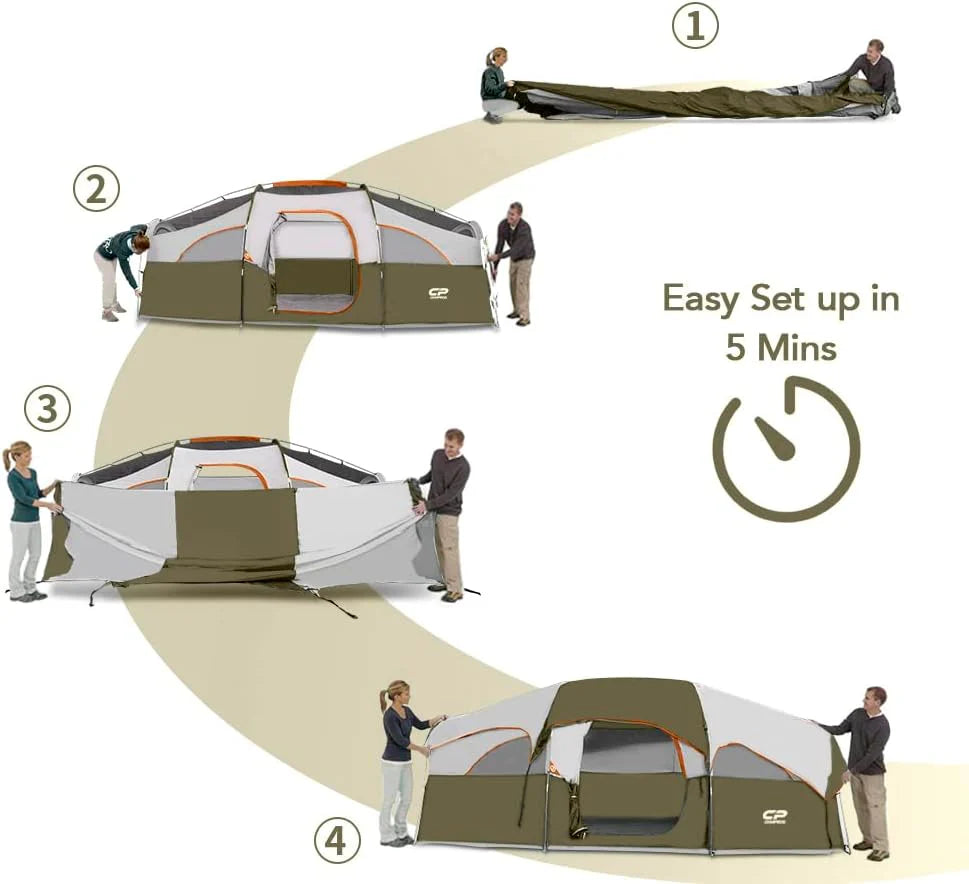 CAMPROS CP Tent 8 Person Camping Tents, Weather Resistant Family Tent, 5 Large Mesh Windows, Double Layer, Divided Curtain for Separated Room, Portable with Carry Bag