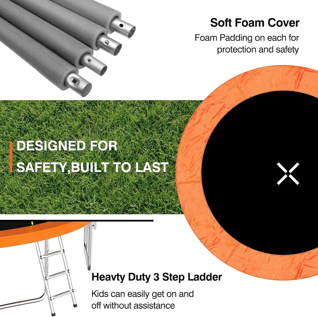 AOTOB 8FT 10FT 12FT 14 FT 15FT Trampoline with Safety Enclosure Net，Outdoor Trampoline with Basketball Hoop, Heavy Duty Jumping Mat and Spring Cover Padding for Kids and Adults, Storage Bag and Ladder