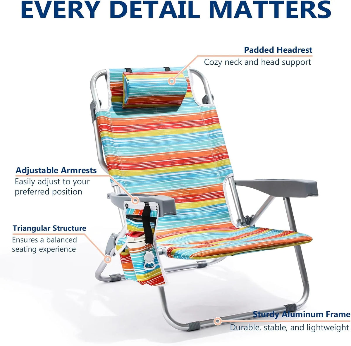 5-Position Aluminum Lay Flat Tall Backpack Beach Chairs 2 Pack Compact Portable Beach Chairs for Adults with Cooler Pouch, Storage Pouch, Towel Bar, Cup Holder & Phone Holder, Blue Stripe