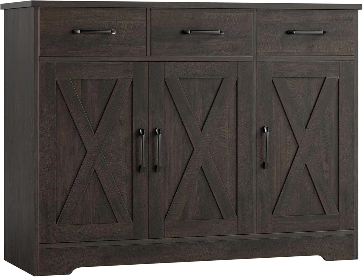 Modern farmhouse sideboard, barn door buffet storage cabinet with drawers and shelves, wooden coffee bar with storage