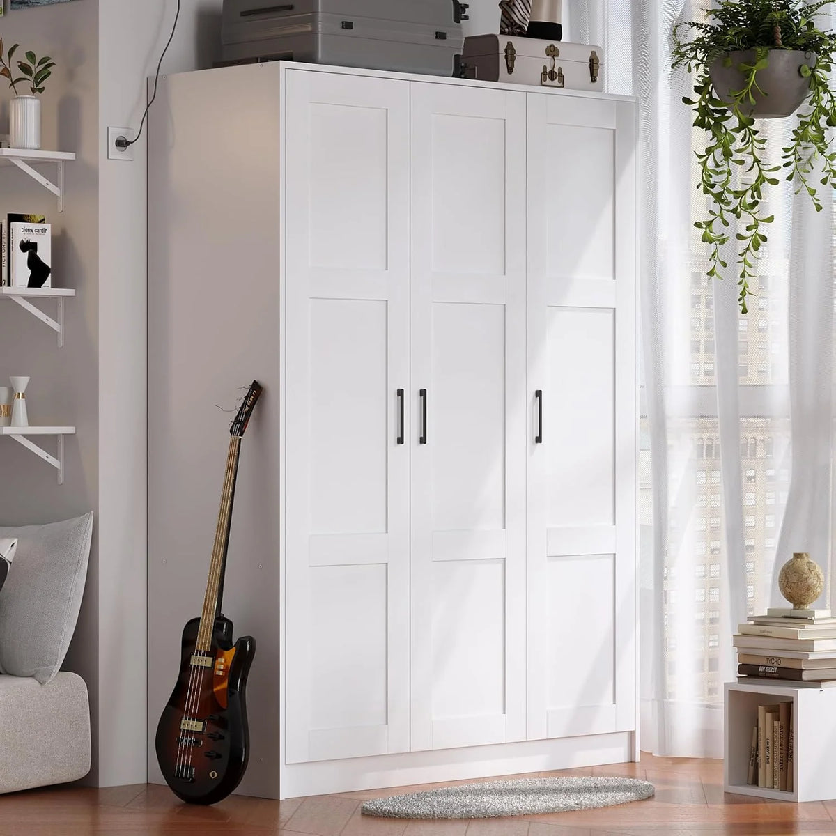 3 Doors Wooden Wardrobe Closet Armoire Bedroom Large Capacity Freestanding Armoire