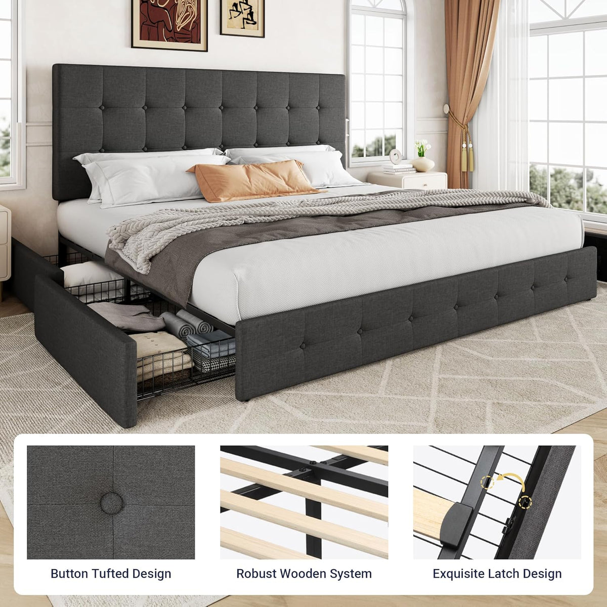 Allewie Upholstered Queen Size Platform Bed Frame with 4 Storage Drawers and Headboard