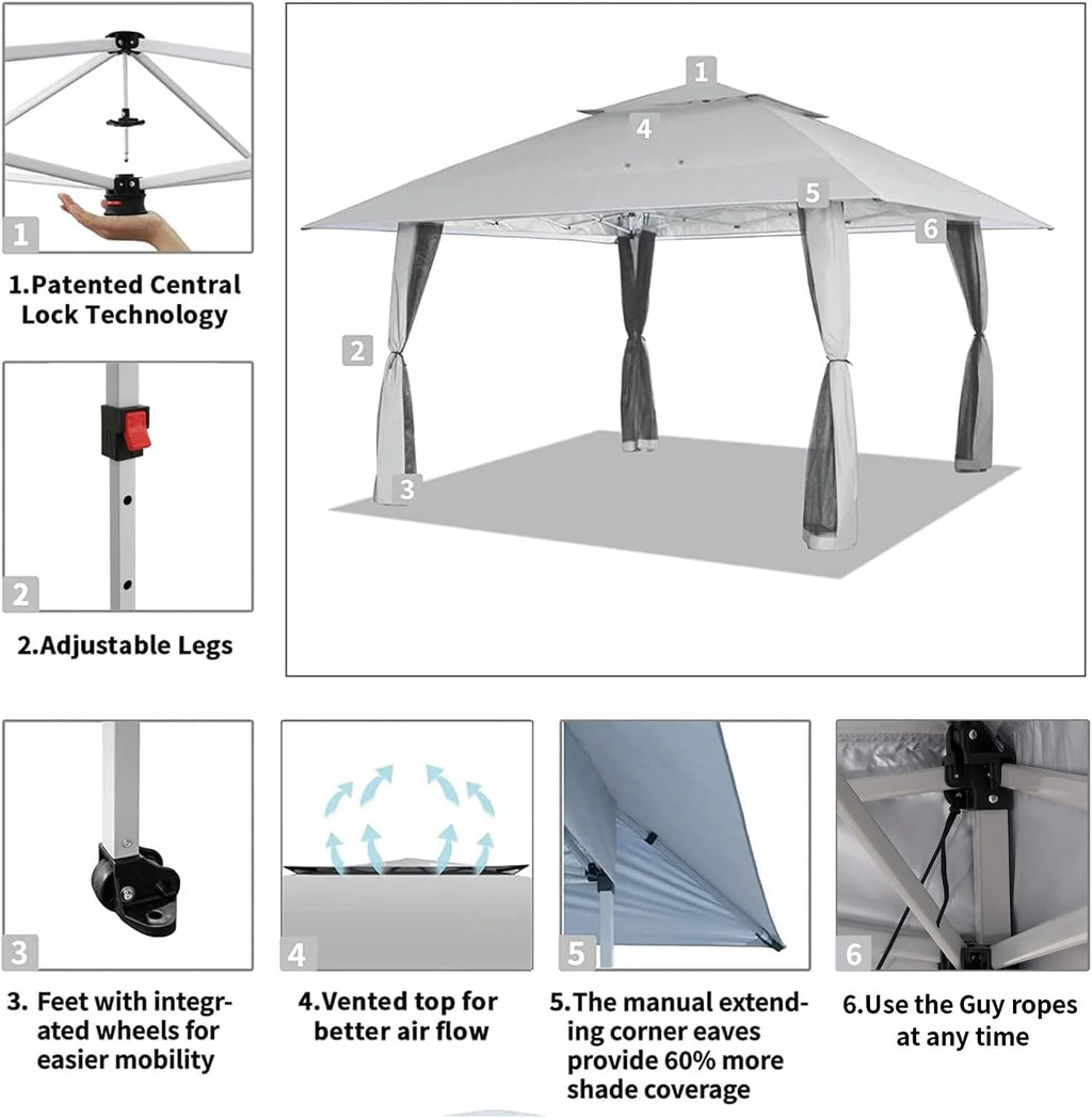 CROWN SHADES 13x13 Pop Up Gazebo, Canopy Tent, Gazebos on Clearance - Outdoor Gazebo for Backyard & Patio Furniture - Carpa Pop Up Tent with Wheeled STO-N-Go Cover Bag (White)