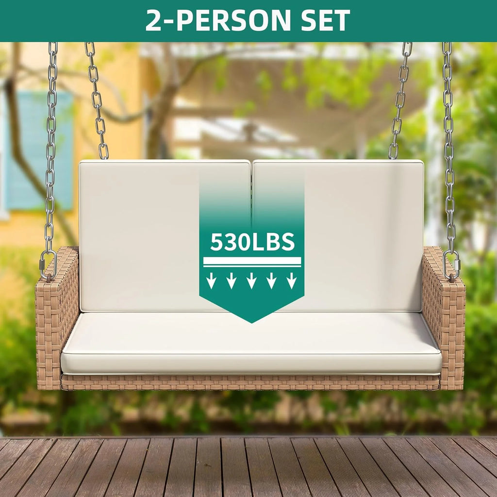 YITAHOME Hanging Porch Swing Chair Sits 3 People, Wicker Outdoor Swing Bench, Patio Lounge Chair, 1 Seating Cushion and 3 Back Cushions, w/Removable Covers, for Garden, Balcony, Backyard, Brown