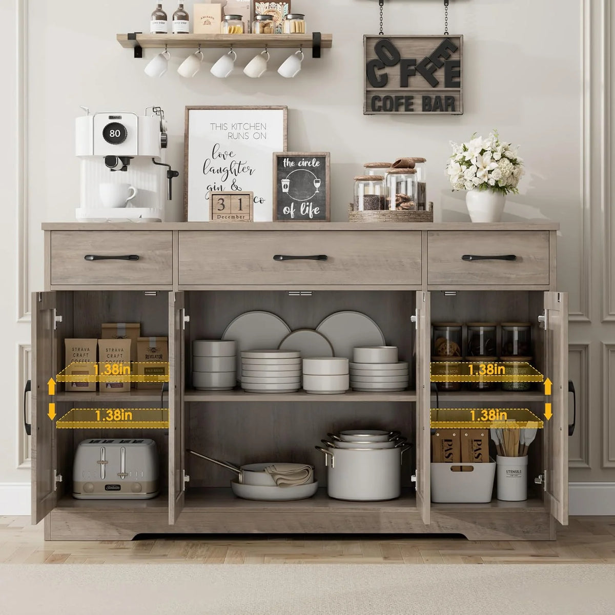 Sideboard with drawers, large 55-inch sideboard, sideboard storage with shelves and doors, modern farmhouse coffee bar wood kitchen dining table